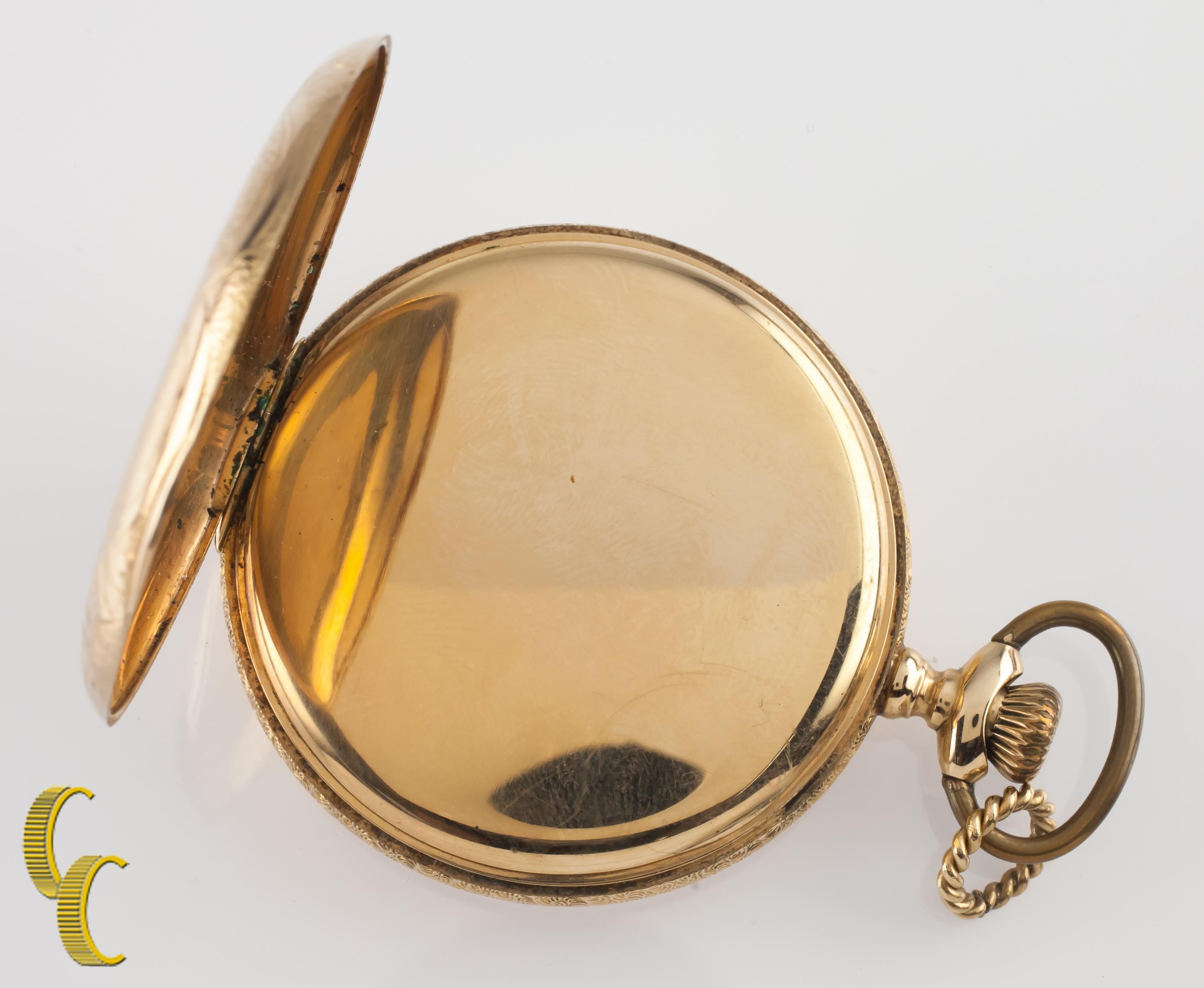 Elgin Antique Full Hunter 14 Karat Yellow Gold Pocket Watch Gr 339 17-Jewel In Fair Condition In Sherman Oaks, CA