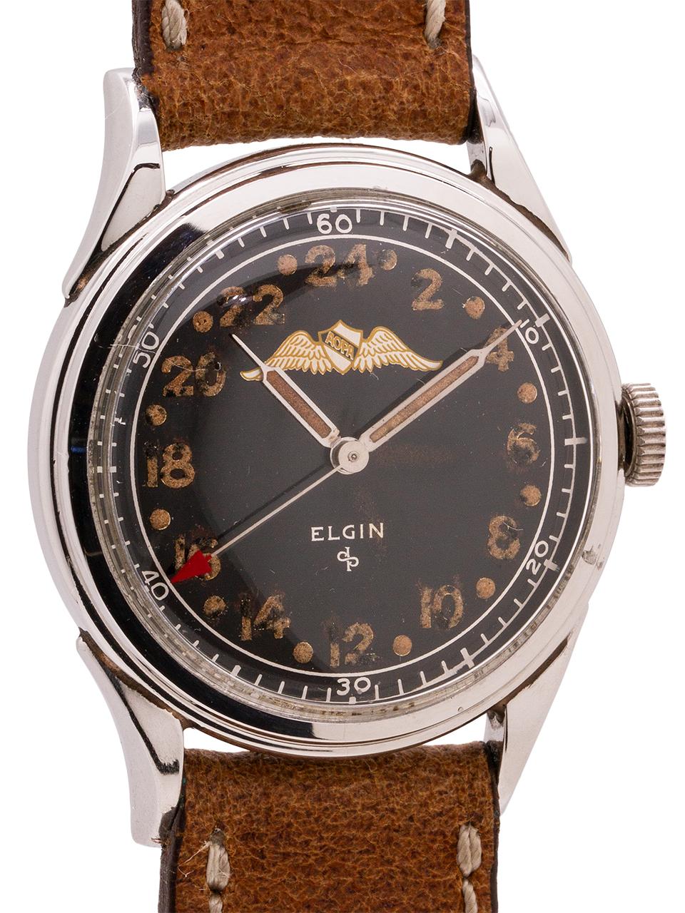 
Before the AOPA began offering their members logo signed Breitling watches, they were offering them with this ultra rare Elgin model with 24 hour dial and with gilded AOPA logo. This watch was only produced for roughly 3 years before the AOPA