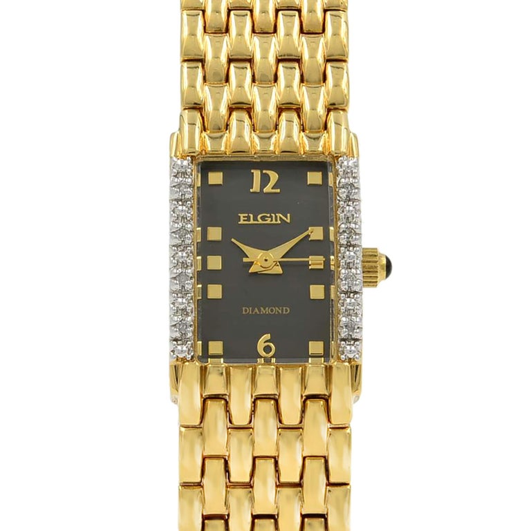 Elgin Diamond Black Dial Yellow Gold Plated Steel Quartz Ladies Watch Eg059 At 1stdibs