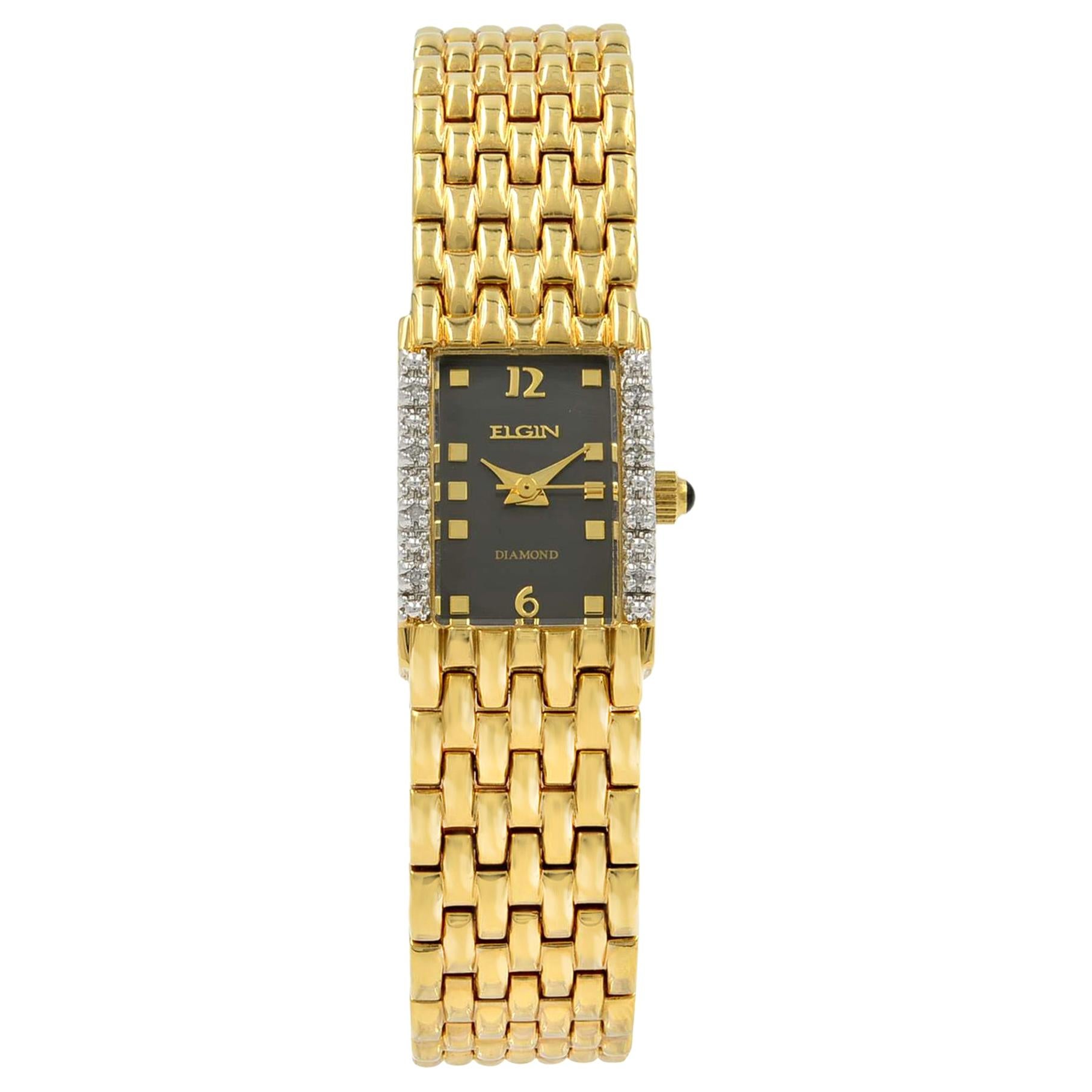 Elgin Diamond Black Dial Yellow Gold Plated Steel Quartz Ladies Watch EG059