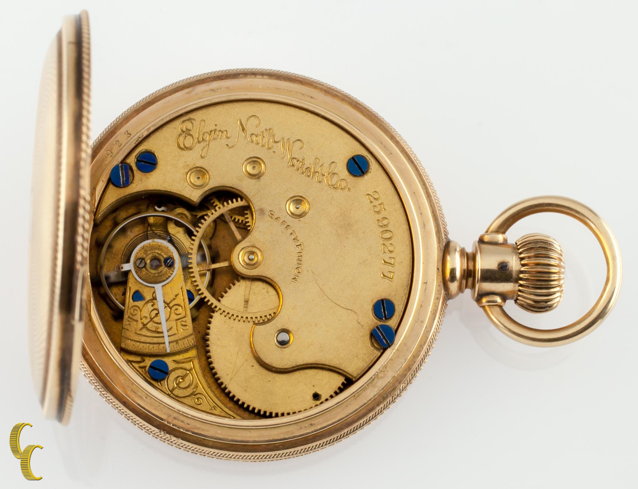Beautiful Antique Elgin Pocket Watch w/ White Dial Including Cobalt Blue Hands & Dedicated Second Dial
14k Yellow Solid Gold Case w/ Intricate Pie Crust Guilloche Design
Black Roman Numerals
Case Serial #1198923
7-Jewel Elgin Movement Serial