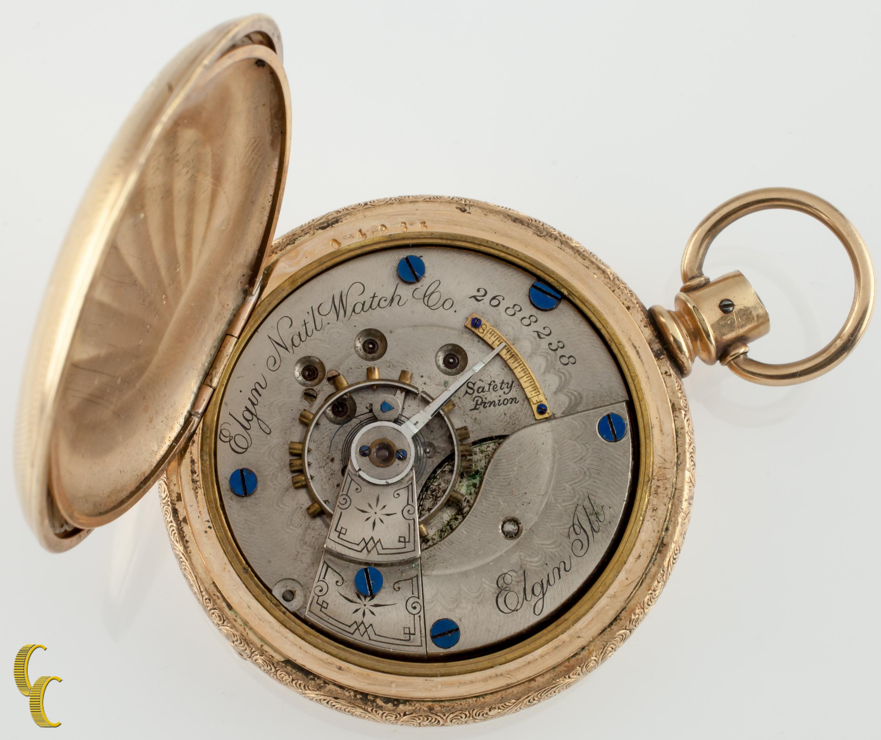 Beautiful Antique Elgin Pocket Watch w/ White Dial Including Cobalt Blue Hands & Dedicated Second Dial
Gold Filled Case w/ Intricate Hand-Etched Pastoral Design on Front and Reverse, Guilloche on Border
Black Roman Numerals
Case Serial