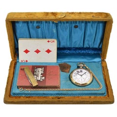 Elgin Yellow Gold Filled Pocket Watch Chain Knife Playing Cards Gamblers Set