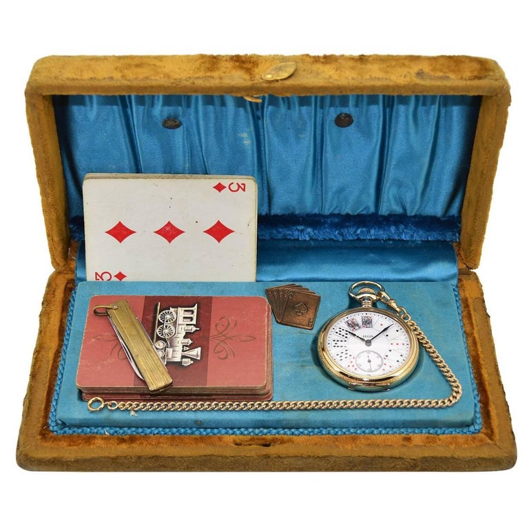 Elgin Yellow Gold Filled Pocket Watch Chain Knife Playing Cards