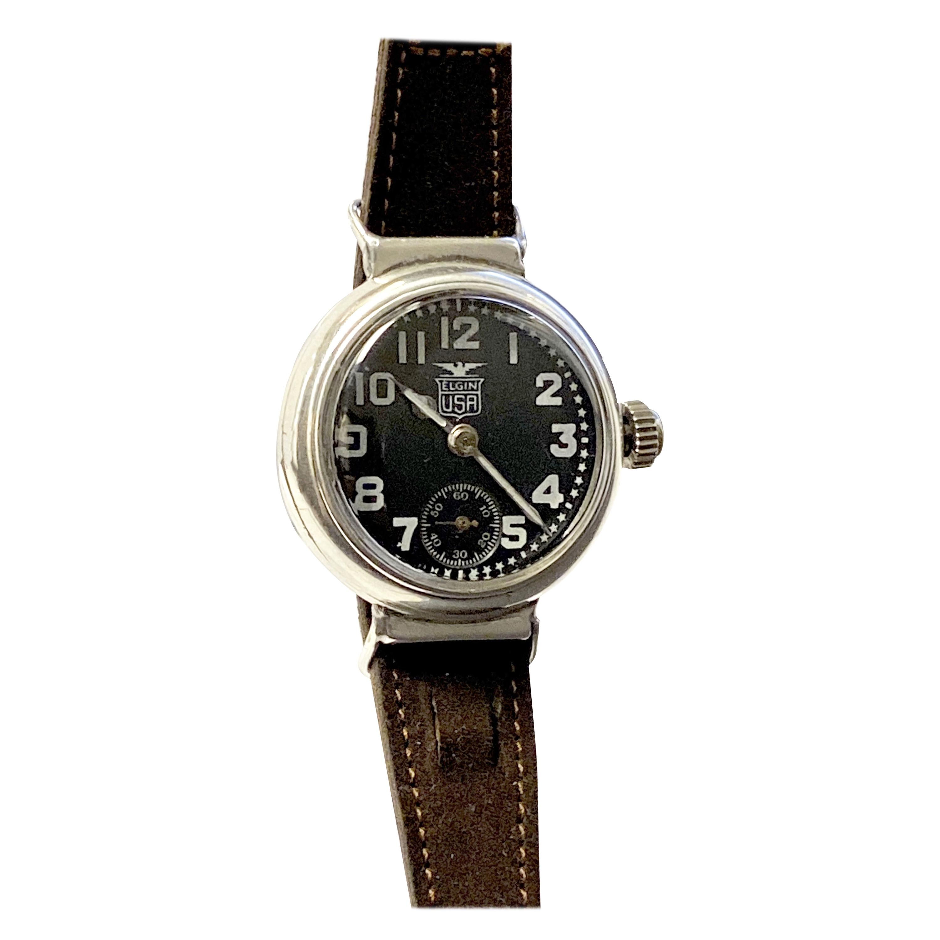 Elgin General Pershing 1919 Sterling Silver Cased Trench Style Wristwatch