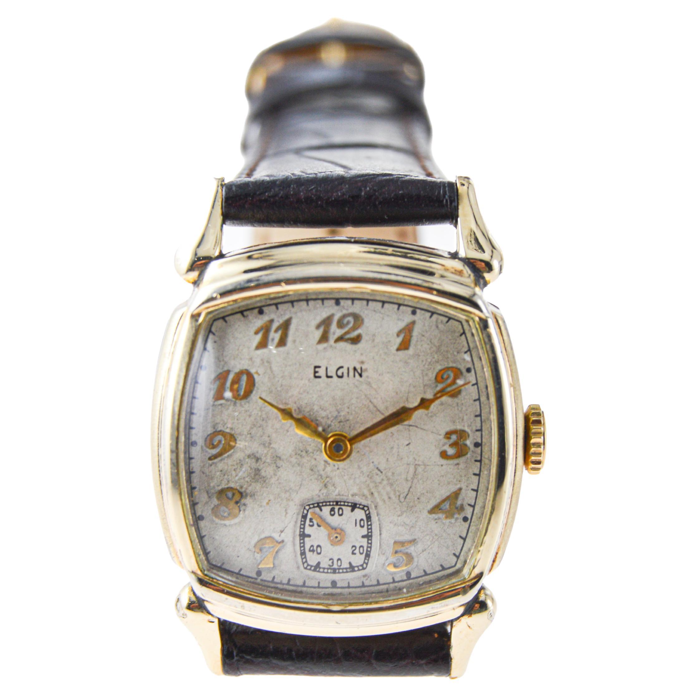 Elgin Gold Filled Art Deco Cushion Shaped American Watch with Original Dial 1940 For Sale 4