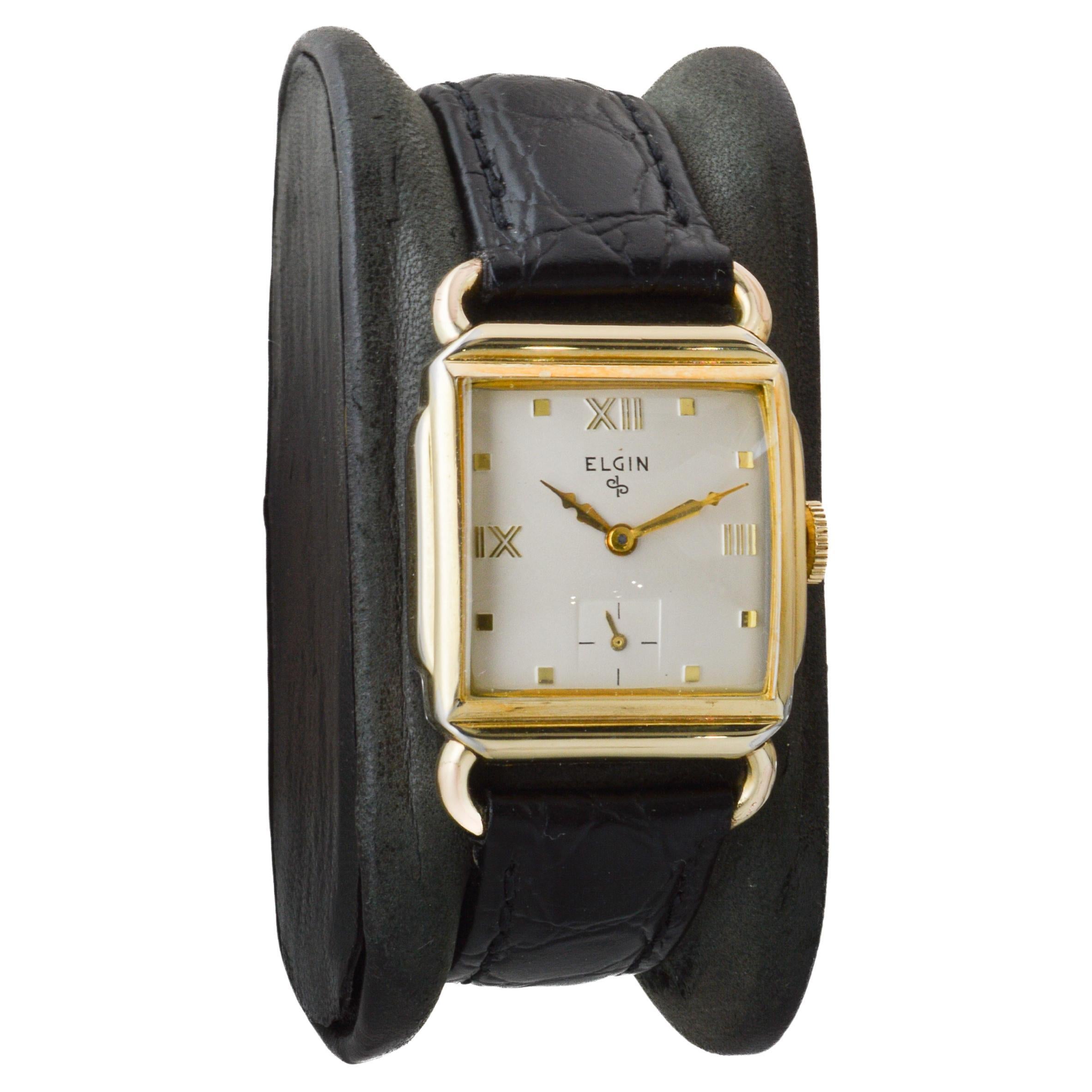 Elgin Gold Filled Art Deco Tank Watch circa 1940's with Flawless Original Dial In Excellent Condition In Long Beach, CA