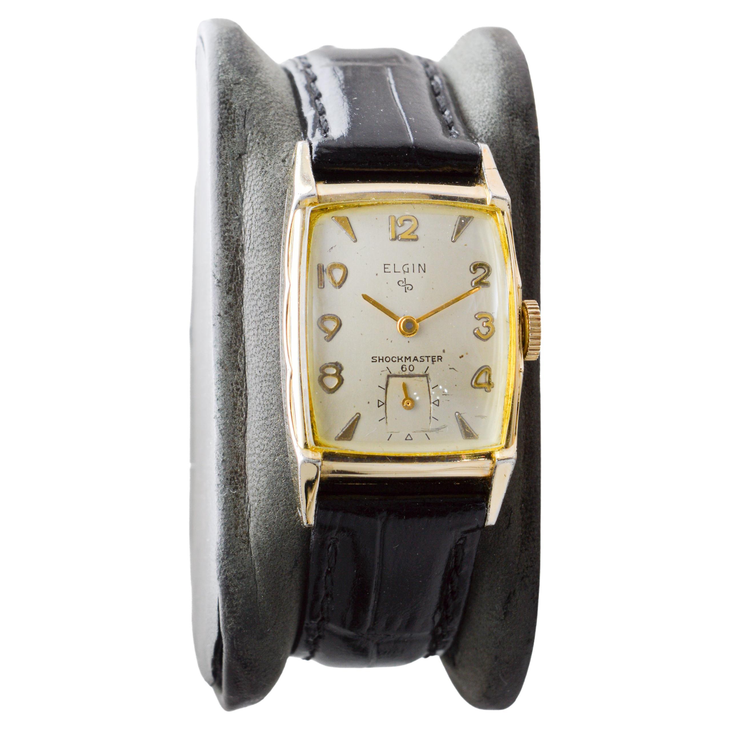Women's or Men's Elgin Gold Filled Art Deco Tonneau Shaped Watch with Original Dial 1940's For Sale