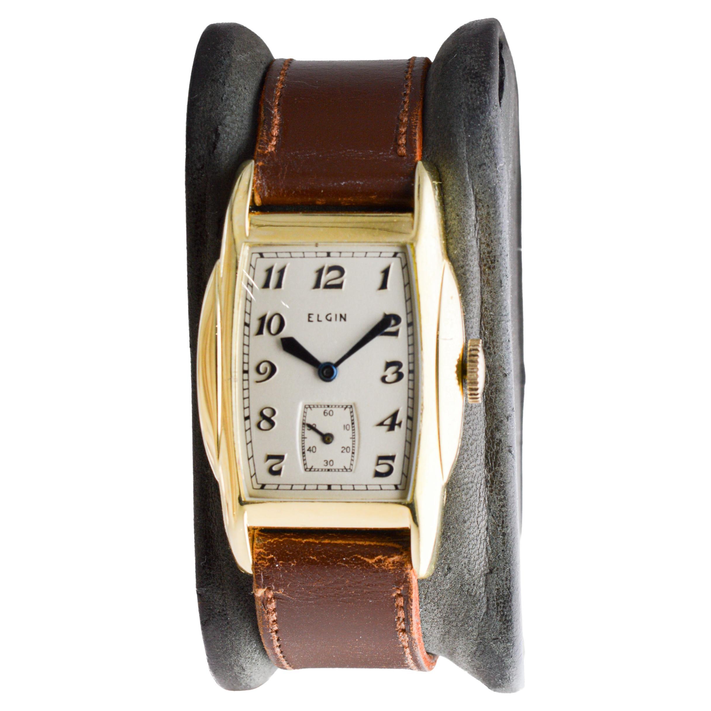 Femenino o masculino Reloj Elgin Art Decó de oro con forma de tortuga y esfera original impecable en venta
