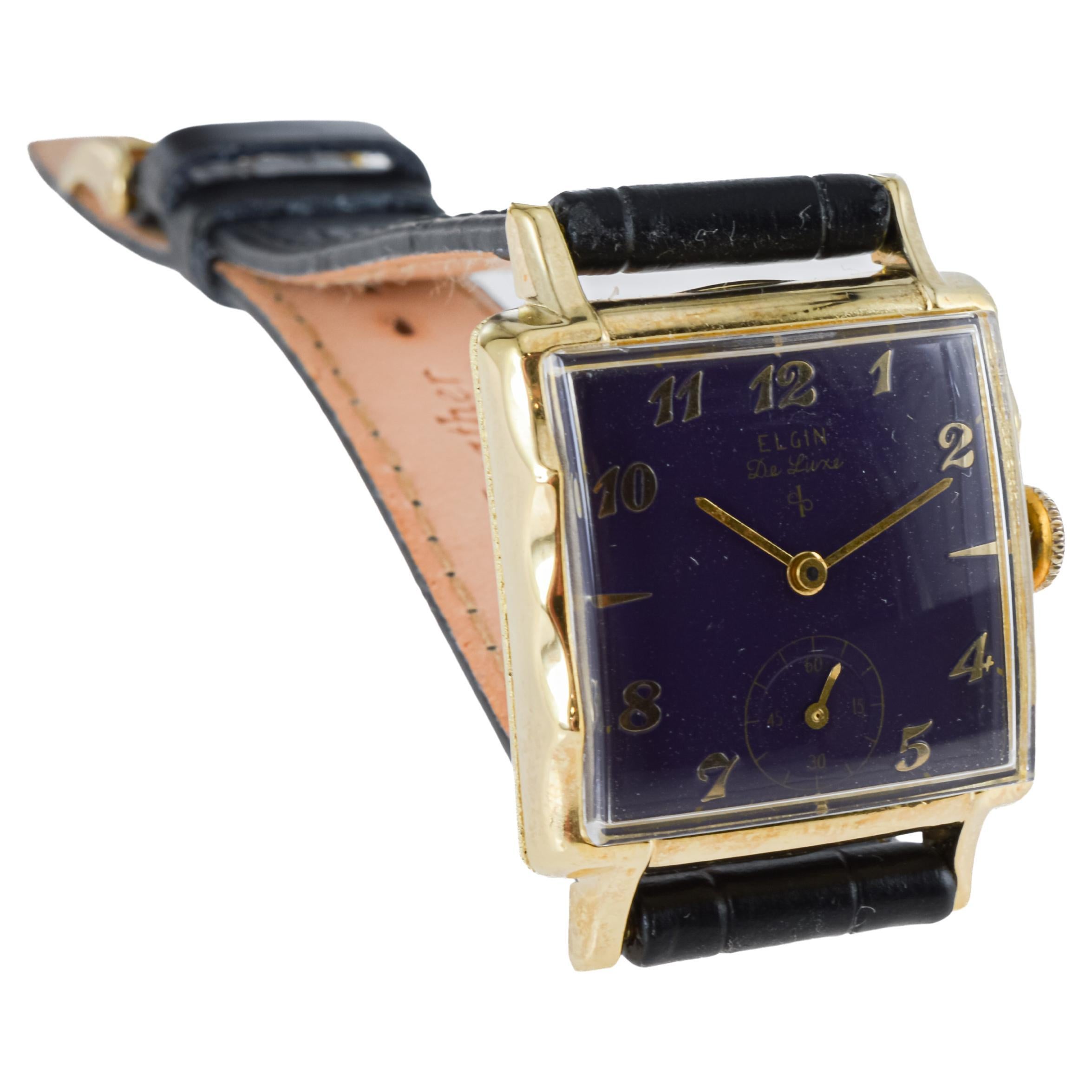 Elgin Gold Filled De Luxe Art Deco Watch, circa 1940's with Custom Finished Dial For Sale 3