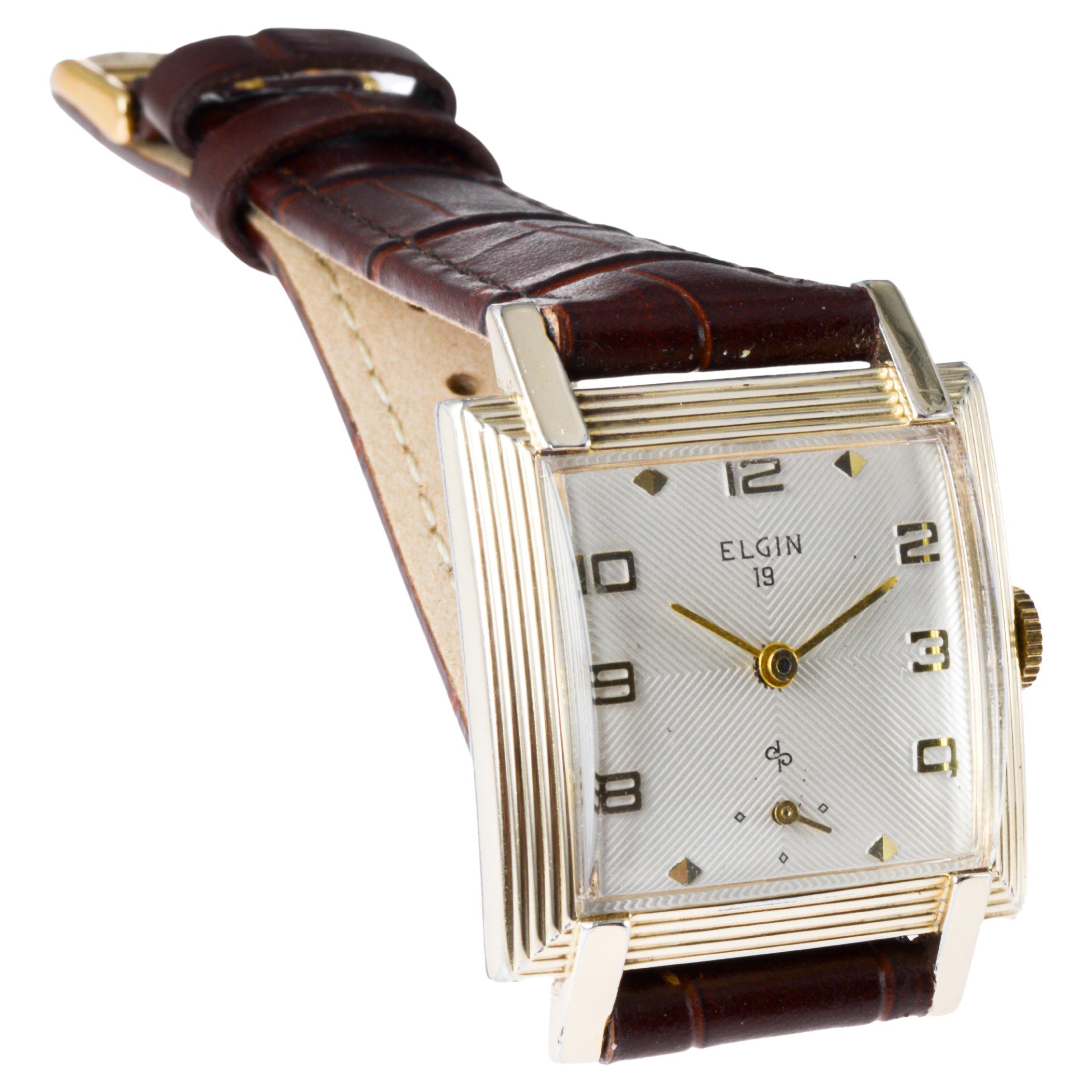 Elgin Gold gefüllt Modernist Tank Stil Uhr mit einwandfreiem Original-Zifferblatt 1950er Jahre 3