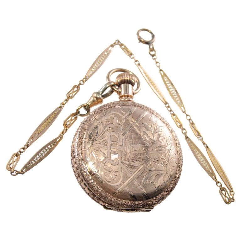 Elgin Gold Filled Pocket Watch From 1891 with Original Kiln Fired Enamel Dial  1