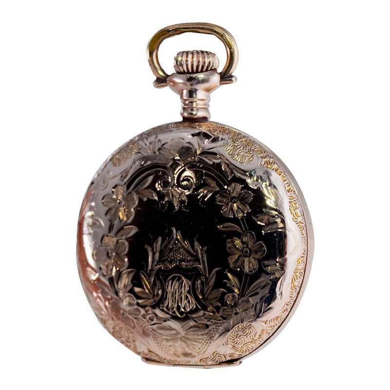 Art Nouveau Elgin Gold Filled Pocket Watch with Unique Floral and Initials Engraving 1900s For Sale