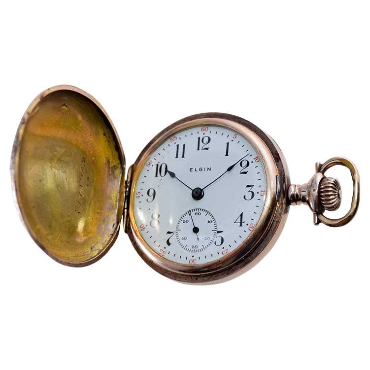 Elgin Gold Filled Pocket Watch with Unique Floral and Initials Engraving 1900s For Sale