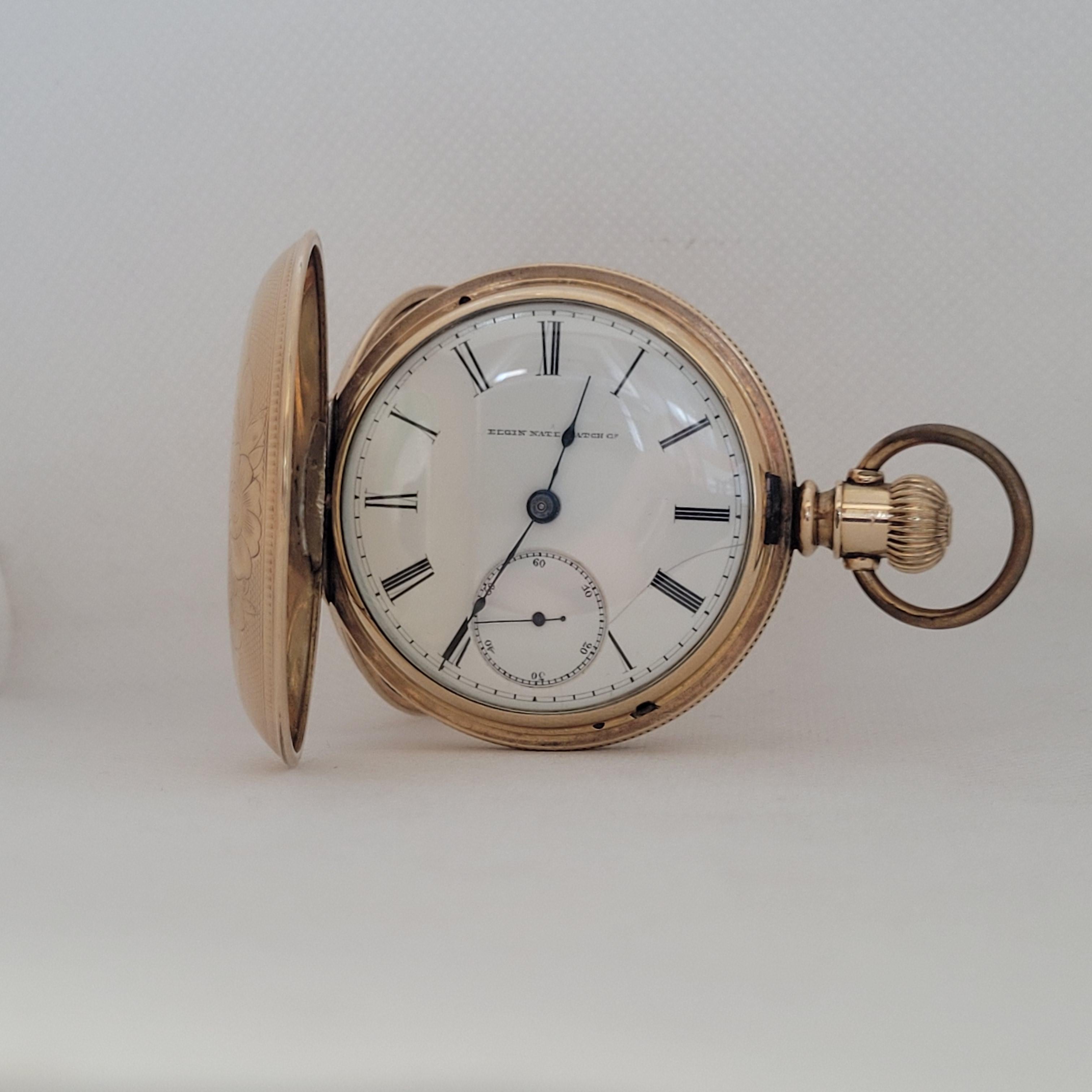 Victorian Elgin Gold Plated Pocket Watch, 53mm, 1886 Year, Hunting, Serviced/Warranty  For Sale