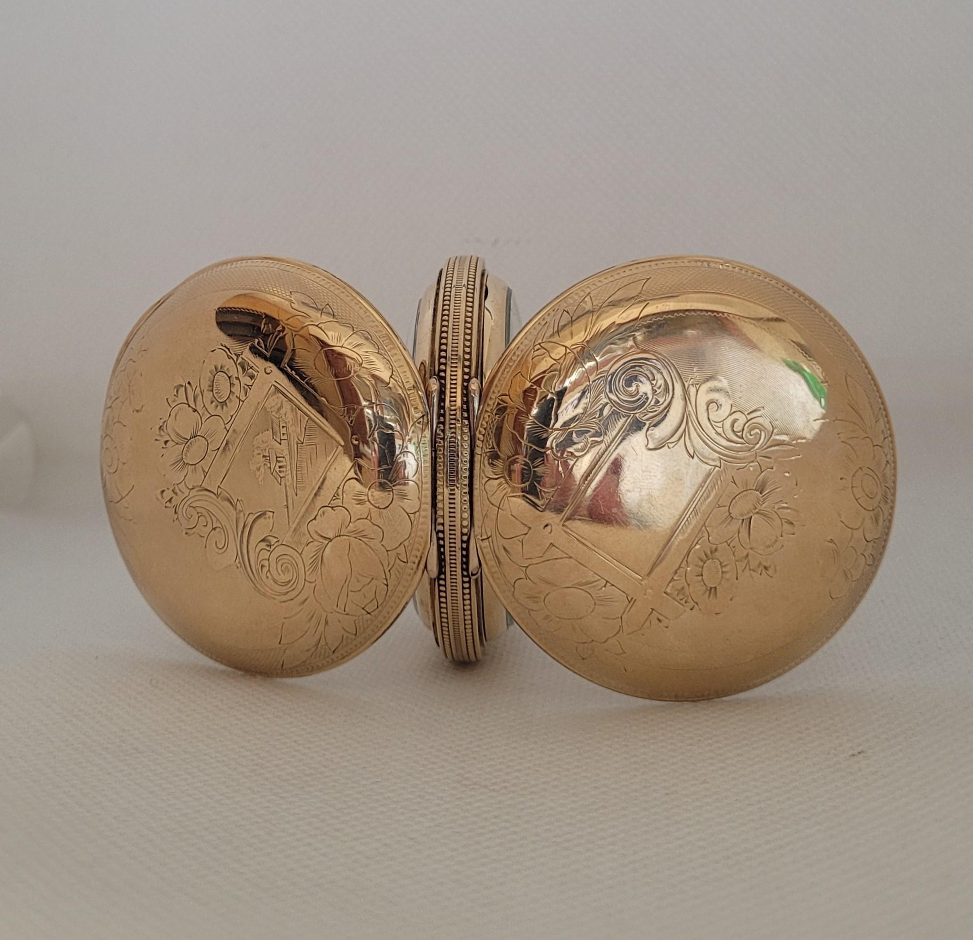 Montre de poche Elgin en plaqué or, 53 mm, année 1886, chasse, service/warrant  en vente 2