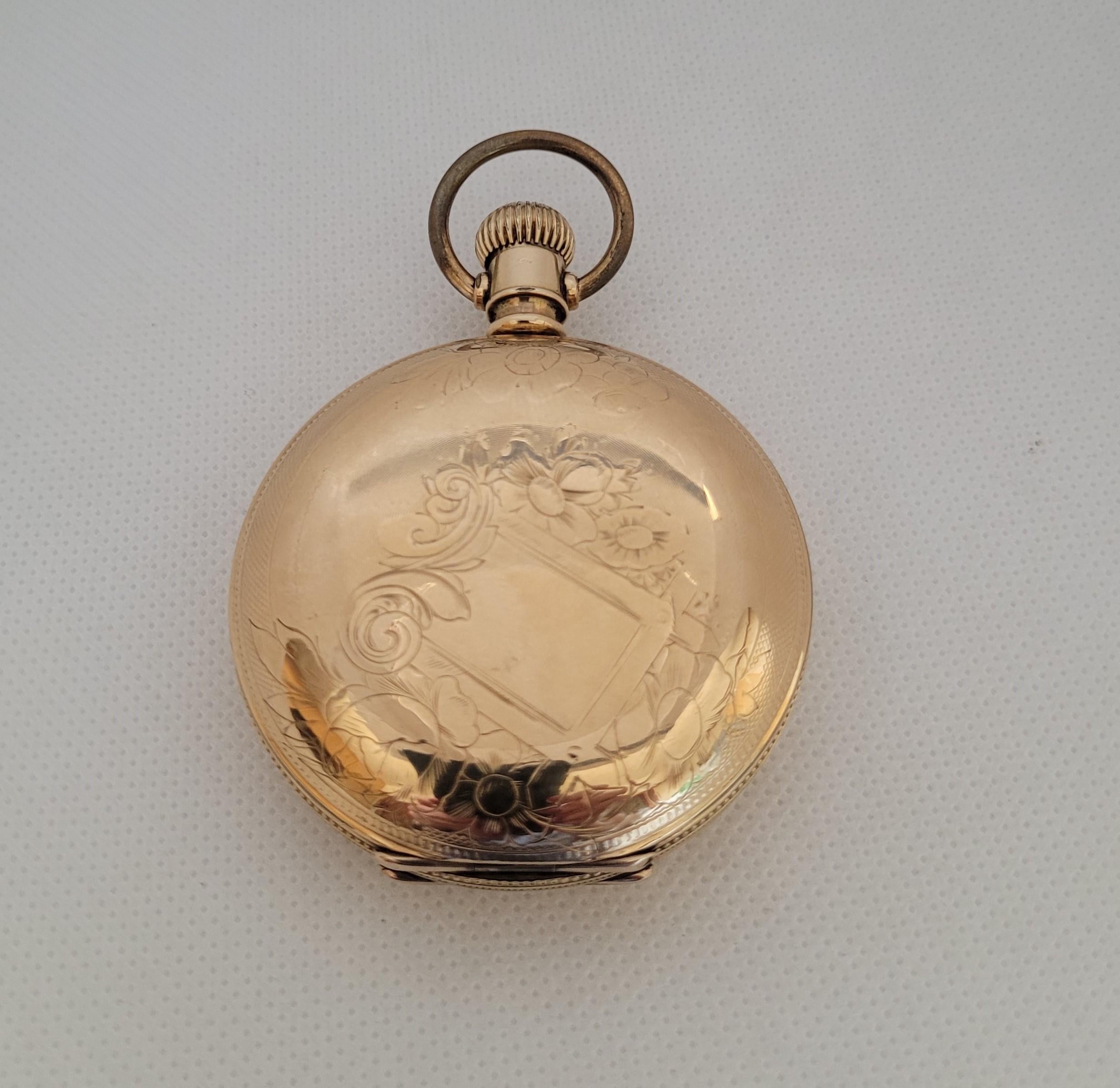 Montre de poche Elgin en plaqué or, 53 mm, année 1886, chasse, service/warrant  en vente 3