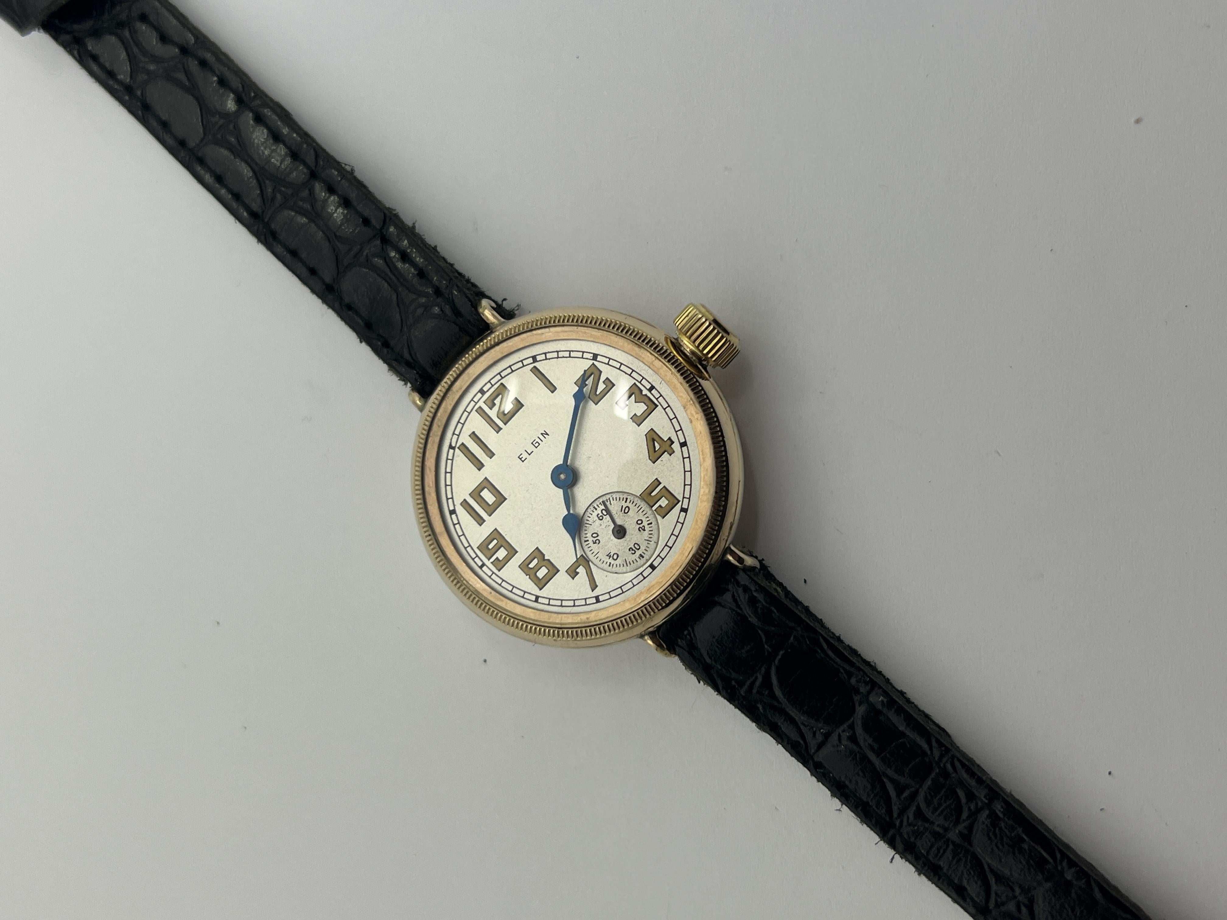 Art Deco Elgin “Hermetic” Trench / WW1 Y/G Filled Beautiful Survivor! For Sale