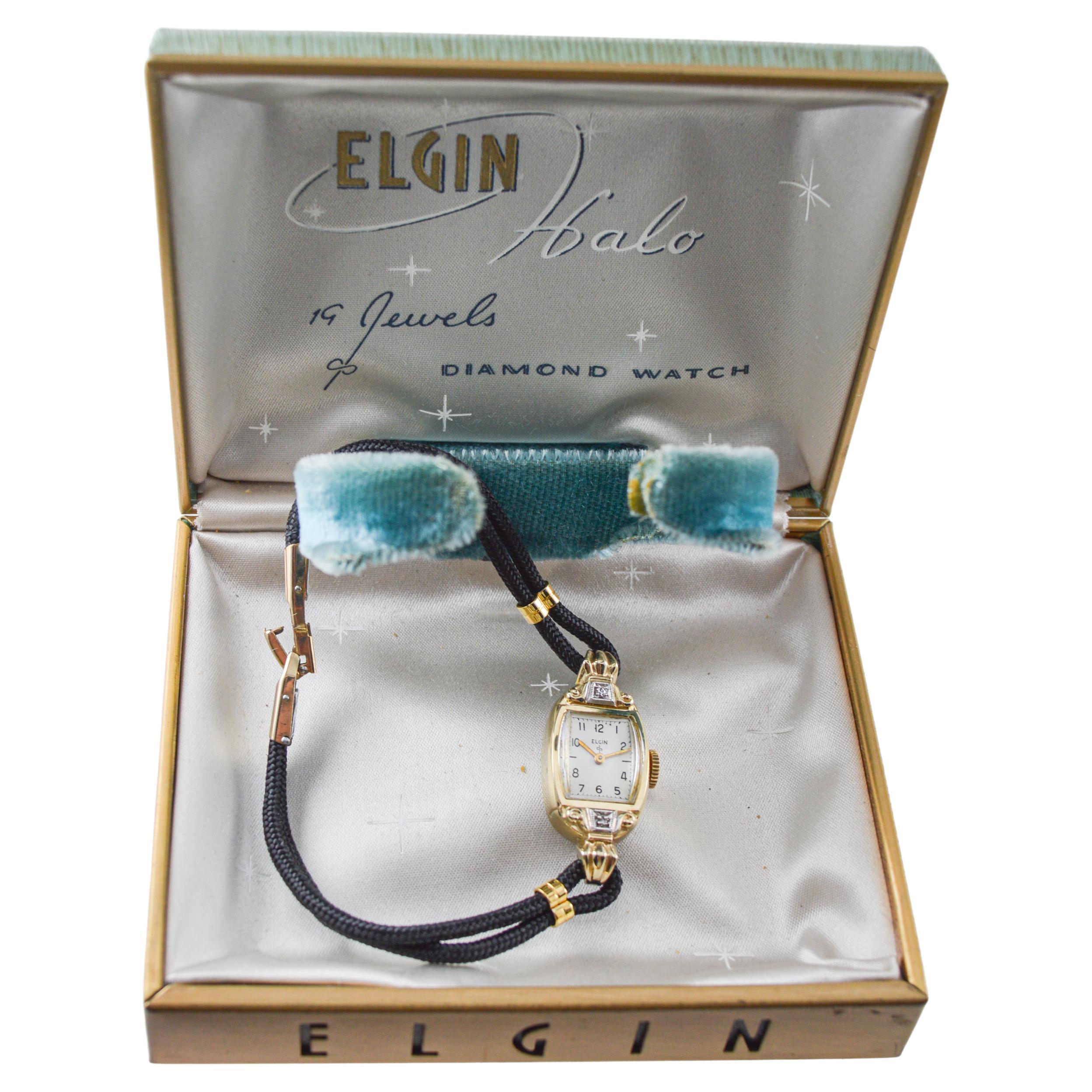 Elgin Ladies Solid Gold Art Deco Watch with Cord Band 1940s and Box For Sale