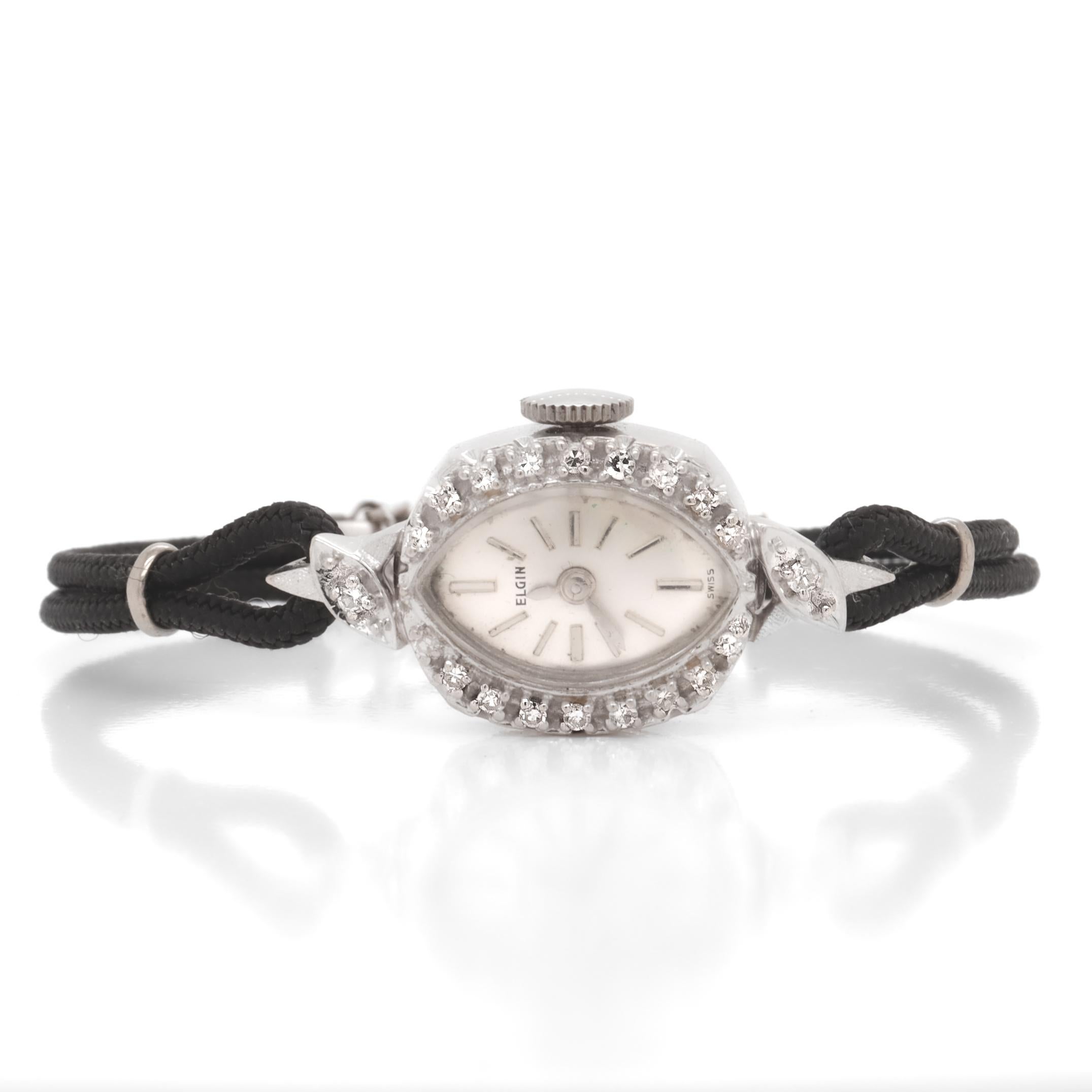 Elgin Mid-Century Modern 14k White Gold & Diamond Ladies Watch For Sale 3