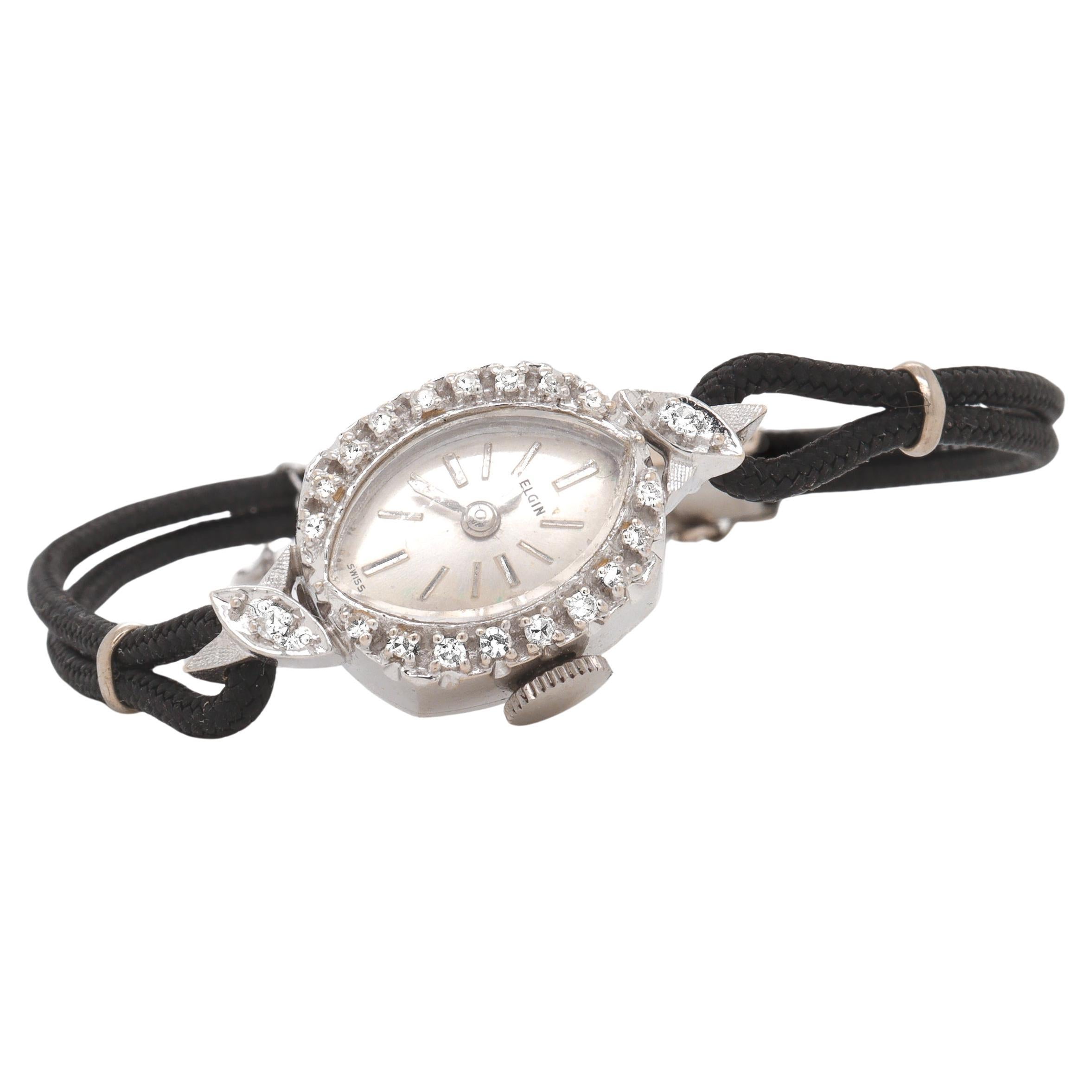Orologio da donna Elgin Mid-Century Modern in oro bianco 14 carati e diamanti