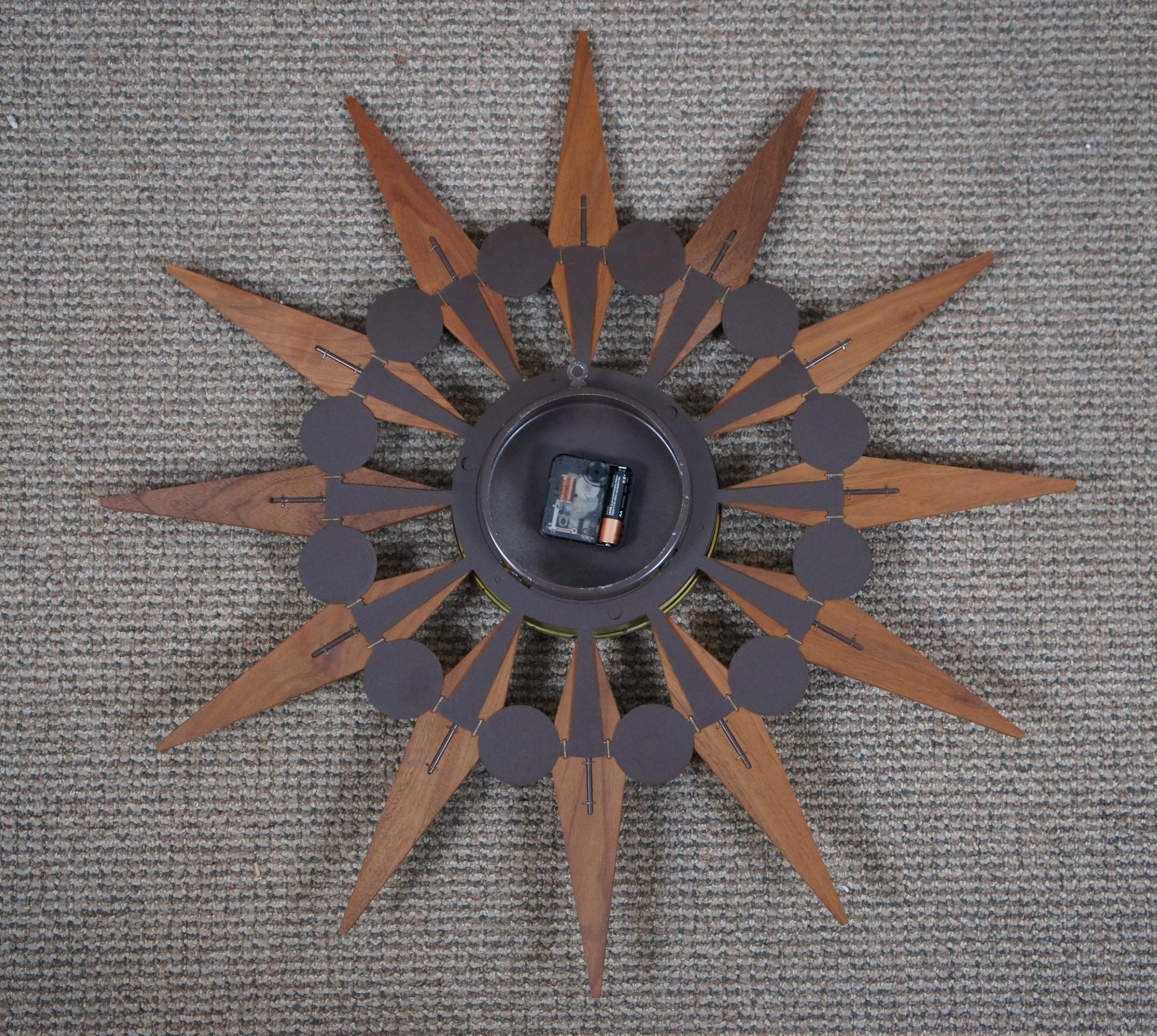 Brass Elgin Mid-Century Modern Atomic Sunburst Starburst Retro Wood Wall Clock