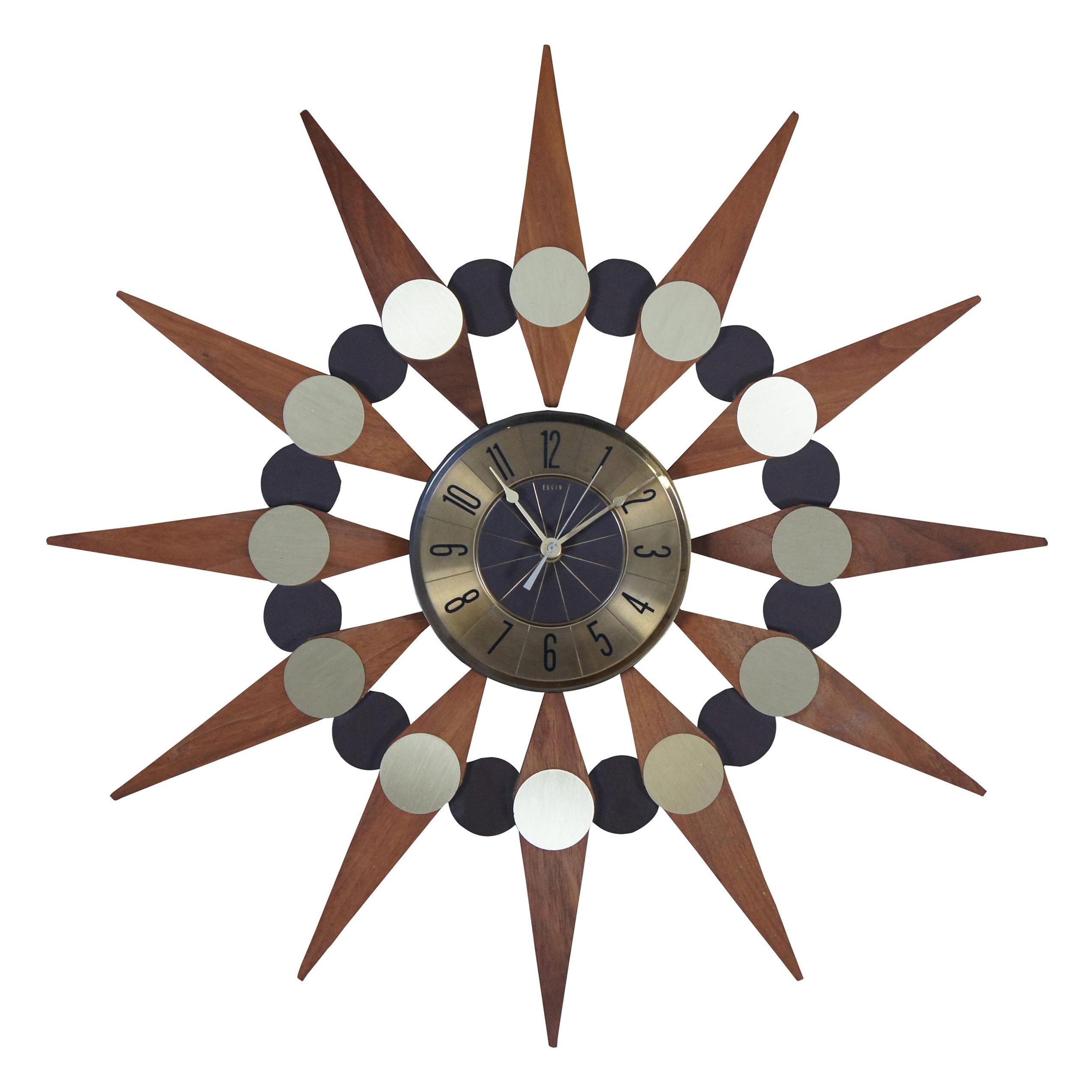Elgin Mid-Century Modern Atomic Sunburst Starburst Retro Wood Wall Clock