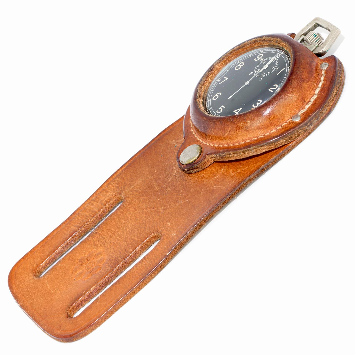 Elgin Military Stop Watch Suspended from a Leather Holster, an Equestrians Must For Sale