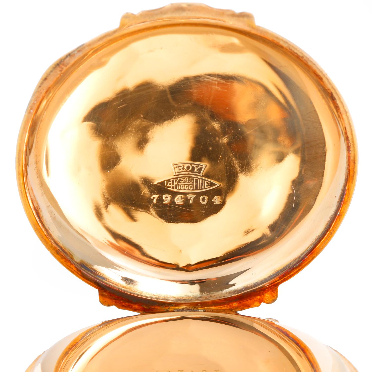Elgin Multi Colored Box Hinged Gold Pocket Watch In Excellent Condition For Sale In Dallas, TX