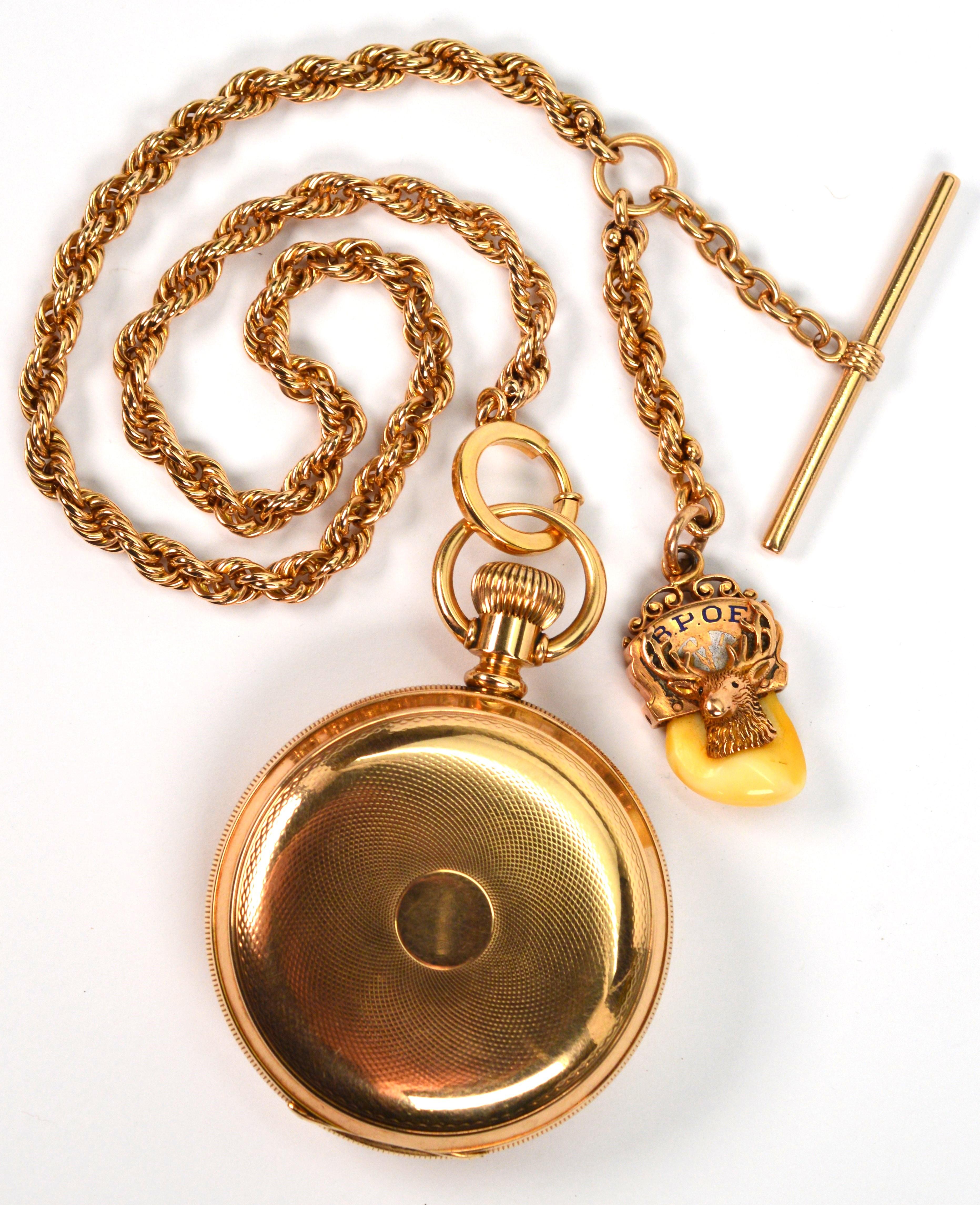 Elgin National 14K Yellow Gold Pocket Watch w Chain Elks Tooth Fob   For Sale 4