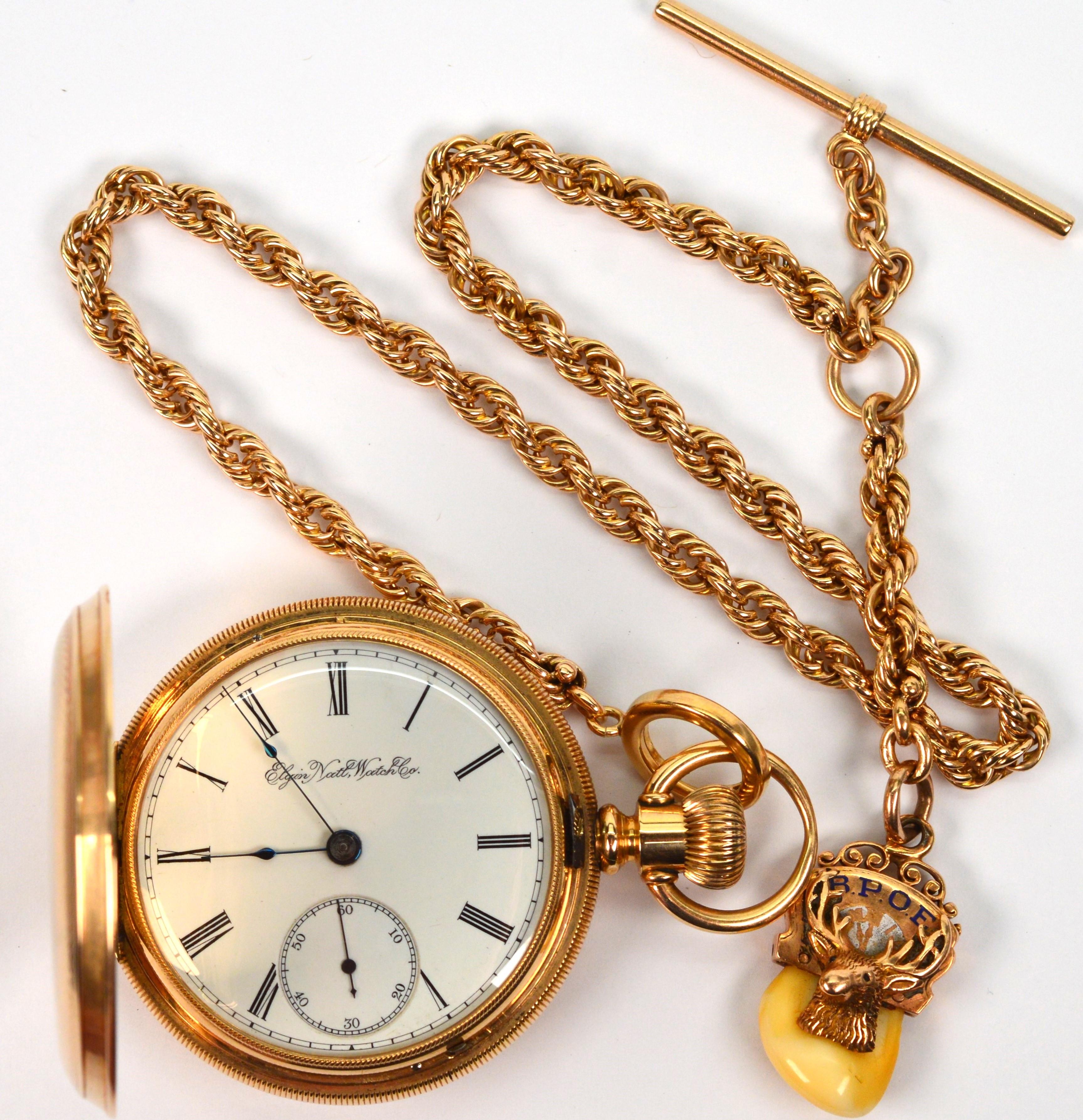Elgin National 14K Yellow Gold Pocket Watch w Chain Elks Tooth Fob   For Sale 9