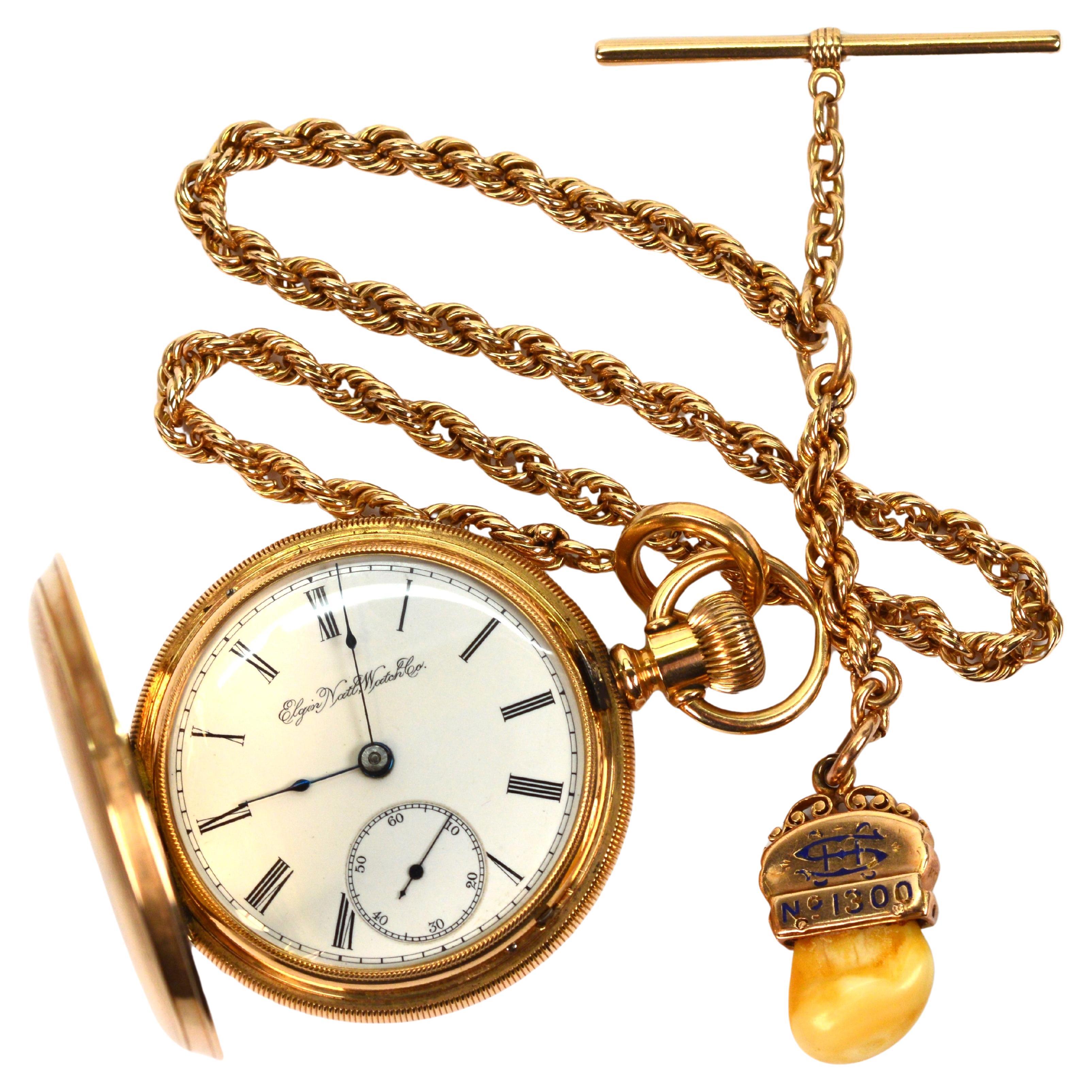 Elgin National 14K Yellow Gold Pocket Watch w Chain Elks Tooth Fob   For Sale