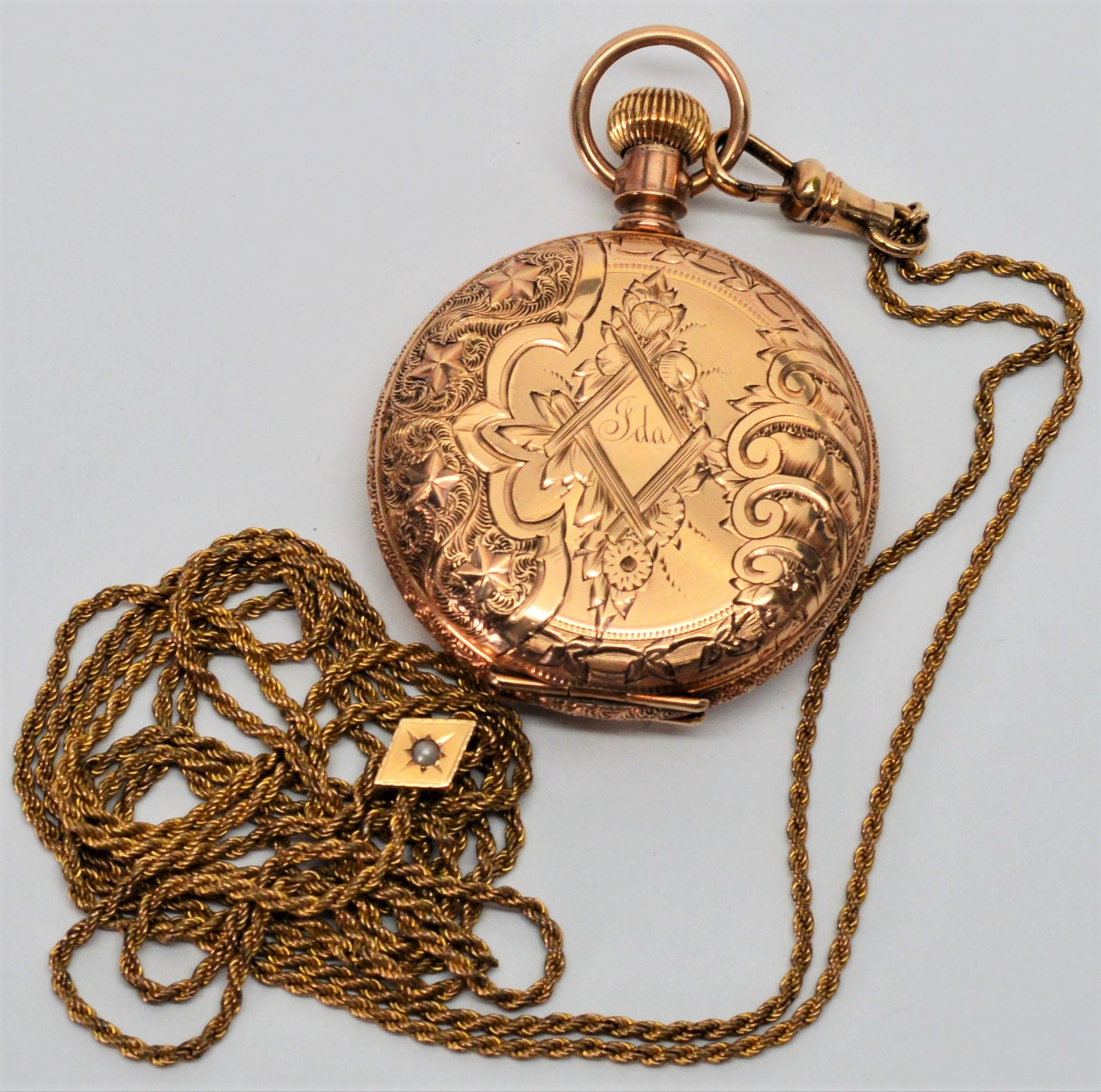 Elgin National Watch Co Ladies Antique Pocket Watch with Chain Pendant Necklace In Good Condition In Mount Kisco, NY