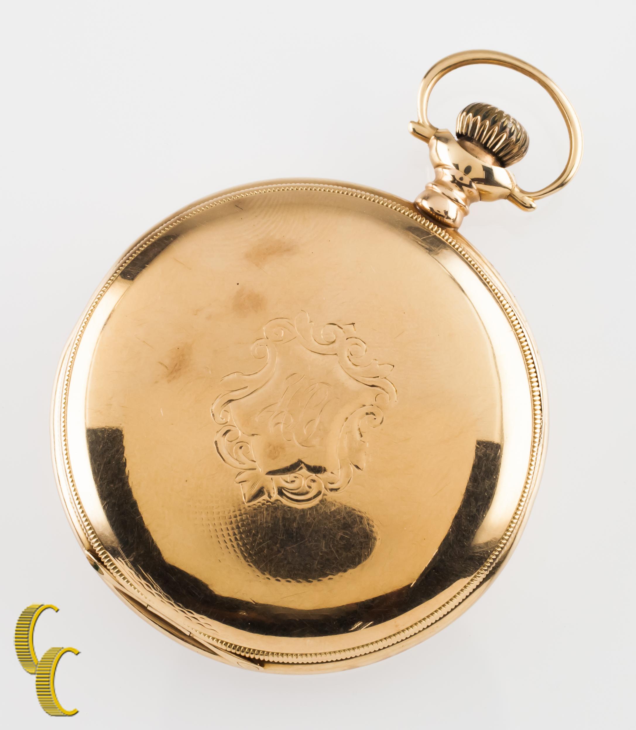 Beautiful Antique Elgin Pocket Watch w/ White Dial Including Cobalt Blue Hands & Dedicated Second Dial
14k Yellow Gold Case w/ Intricate Hand-Etched Guilloche Design on Case
Black Arabic Numerals
Case Serial #479694
15-Jewel Elgin Movement Serial