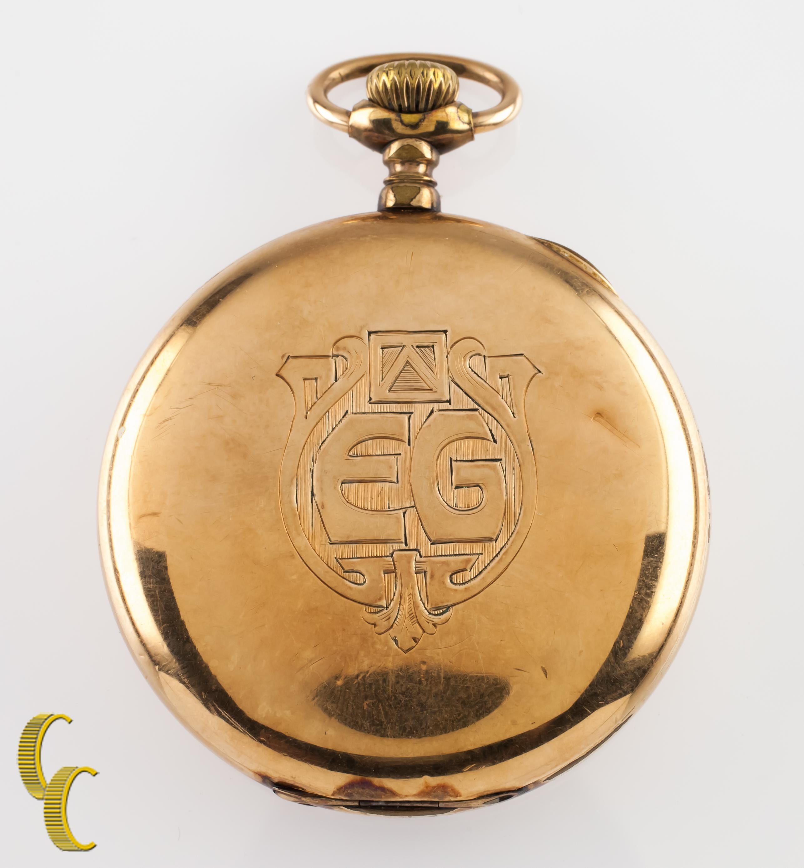 Beautiful Antique Elgin Pocket Watch w/ White Dial Including Cobalt Blue Hands & Dedicated Second Dial
Yellow Gold Filled Case w/ Intricate Hand-Etched 
