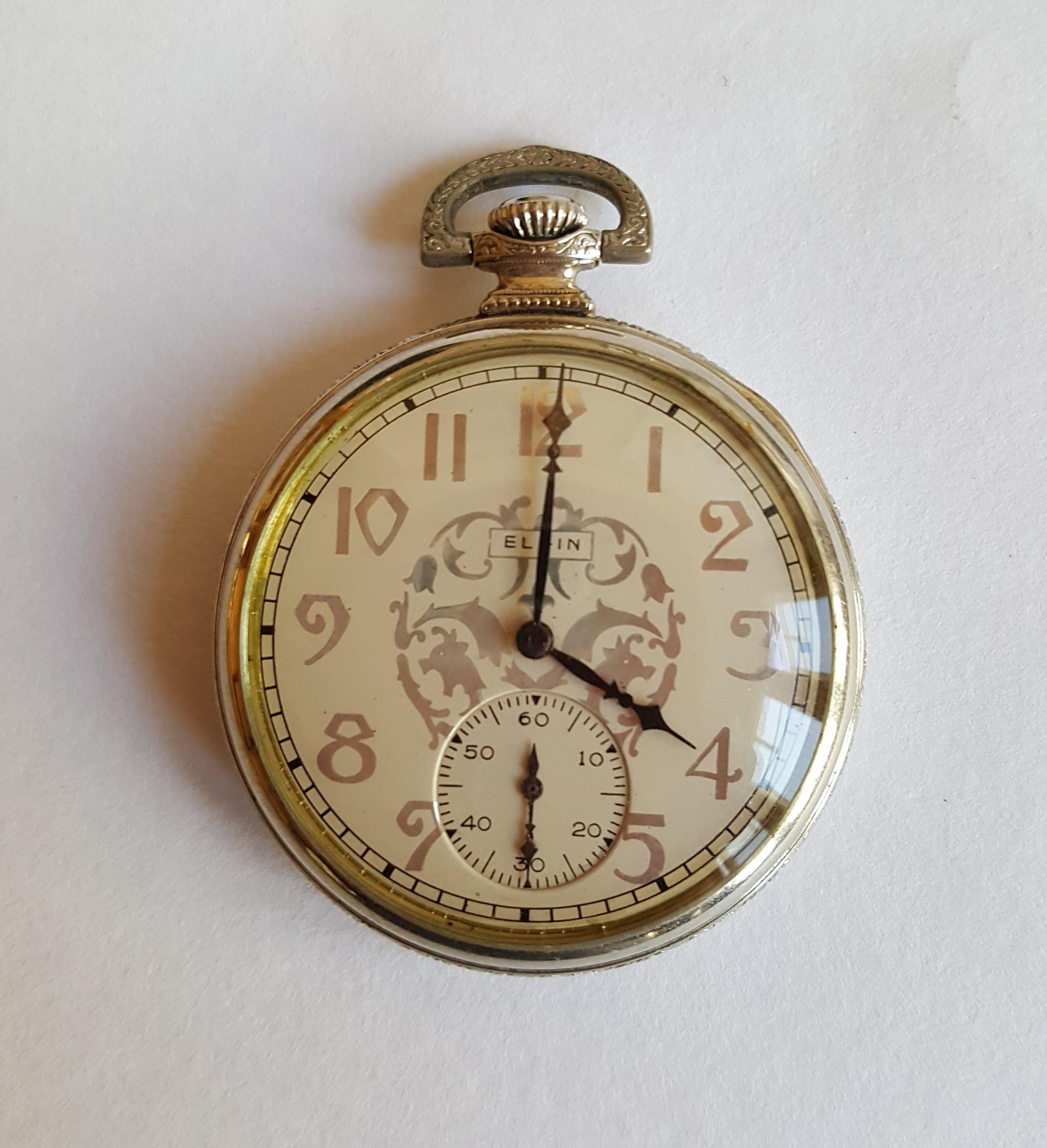Elgin Pocket Watch, 14 Karat White Gold Filled, 1928, 17 Jewel In Good Condition In Rancho Santa Fe, CA