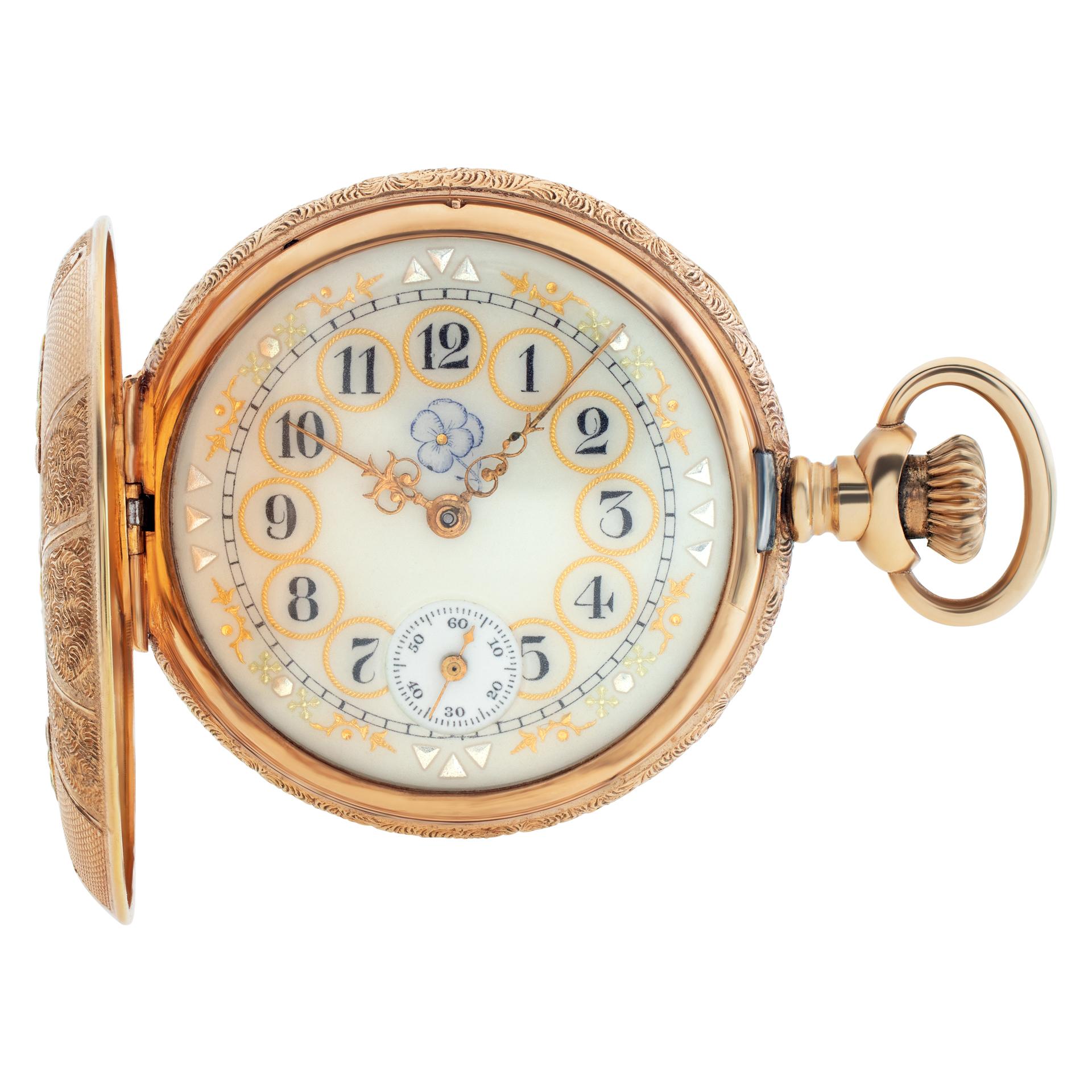 Elgin 14k Multi-Colored Gold (Rose, Yellow, White and Green) Pocket watch with highly engraved multi colored buttercups and roses with fancy multy colored dial and fancy hands. Manual. 34 mm case size. Circa 1900s. Fine Pre-owned Elgin Watch.