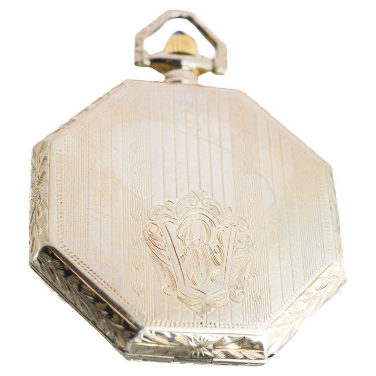 Elgin Solid 14Kt. White Gold Pocket Watch with Famous Jewelry Store Enamel Dial For Sale 5