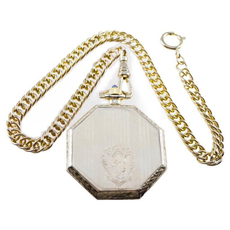 FACTORY / HOUSE: Elgin Watch Company for Montgomery Brothers Los Angeles 
STYLE / REFERENCE: Octagon / Dress Style 
METAL / MATERIAL: 14Kt. Solid White Gold
CIRCA / YEAR: 1921
DIMENSIONS / SIZE: Octagon 43mm
MOVEMENT / CALIBER: Manual Winding / 15