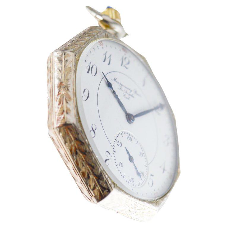 Art Deco Elgin Solid 14Kt. White Gold Pocket Watch with Famous Jewelry Store Enamel Dial For Sale