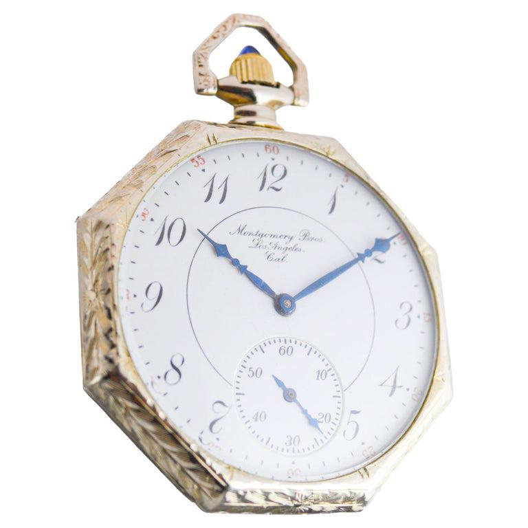Elgin Solid 14Kt. White Gold Pocket Watch with Famous Jewelry Store Enamel Dial In Excellent Condition For Sale In Long Beach, CA