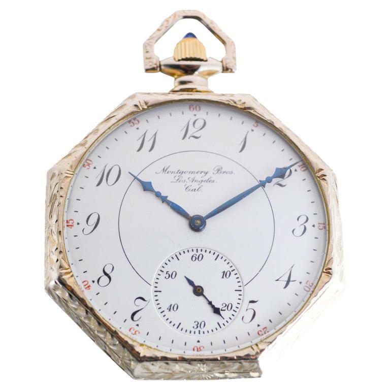 Women's or Men's Elgin Solid 14Kt. White Gold Pocket Watch with Famous Jewelry Store Enamel Dial For Sale