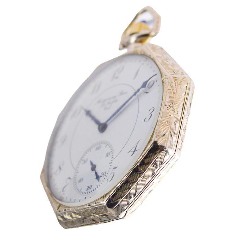Elgin Solid 14Kt. White Gold Pocket Watch with Famous Jewelry Store Enamel Dial For Sale 2
