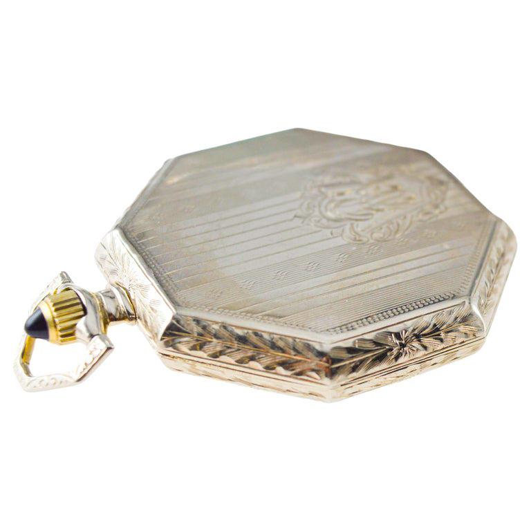 Elgin Solid 14Kt. White Gold Pocket Watch with Famous Jewelry Store Enamel Dial For Sale 4