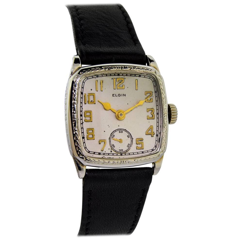 Elgin White Gold Filled Art Deco Cushion Shaped Manual Watch, circa 1920s