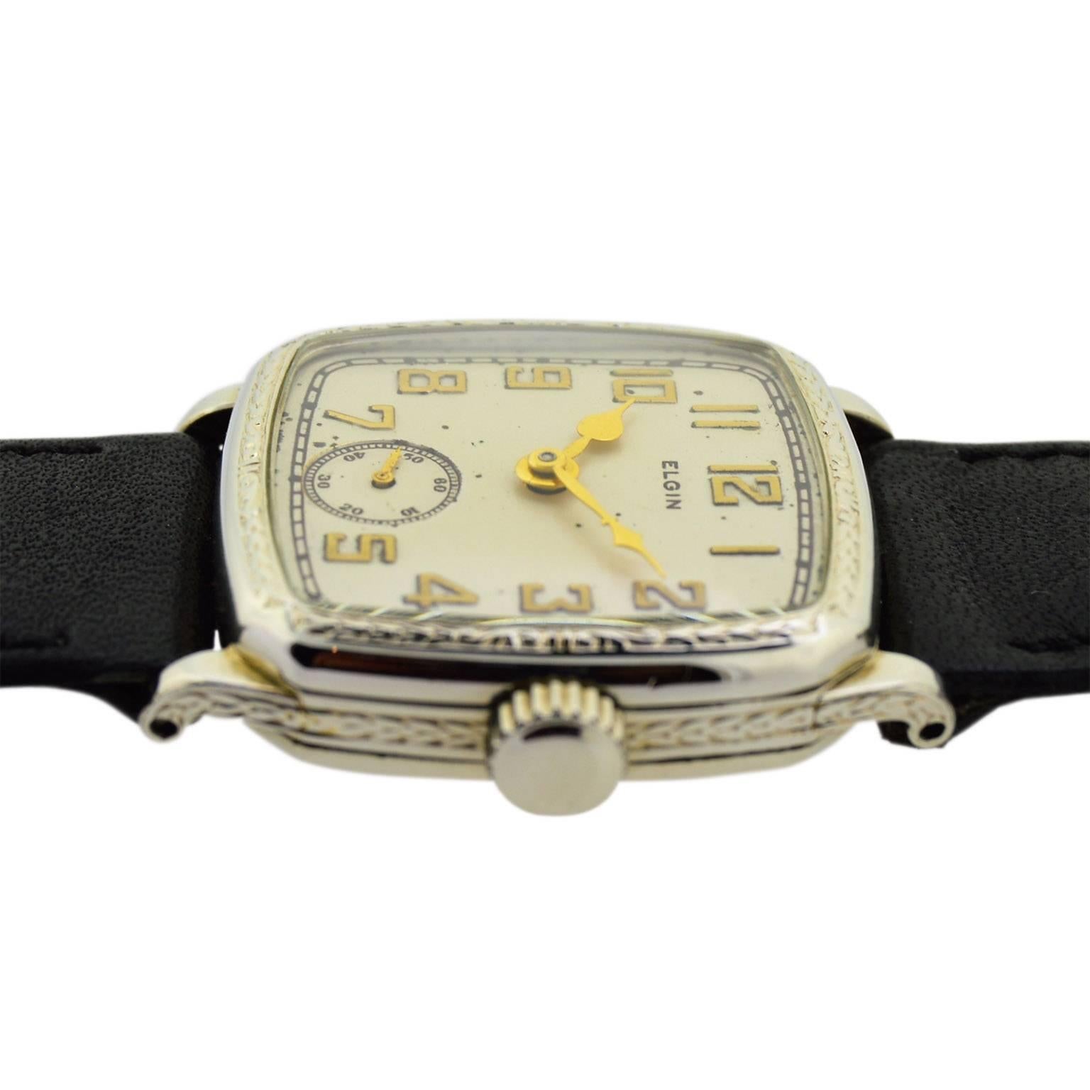 Elgin White Gold Filled Art Deco Cushion Shaped Manual Watch, circa 1920s In Excellent Condition In Long Beach, CA