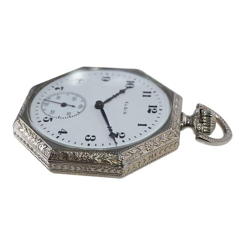 Elgin White Gold Filled Art Deco Pocket Watch from 1923 with Matching Chain  For Sale 4