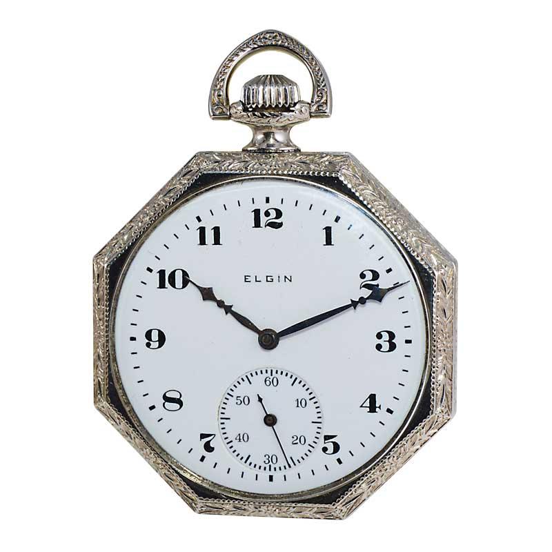 Elgin White Gold Filled Art Deco Pocket Watch from 1923 with Matching Chain  For Sale 1