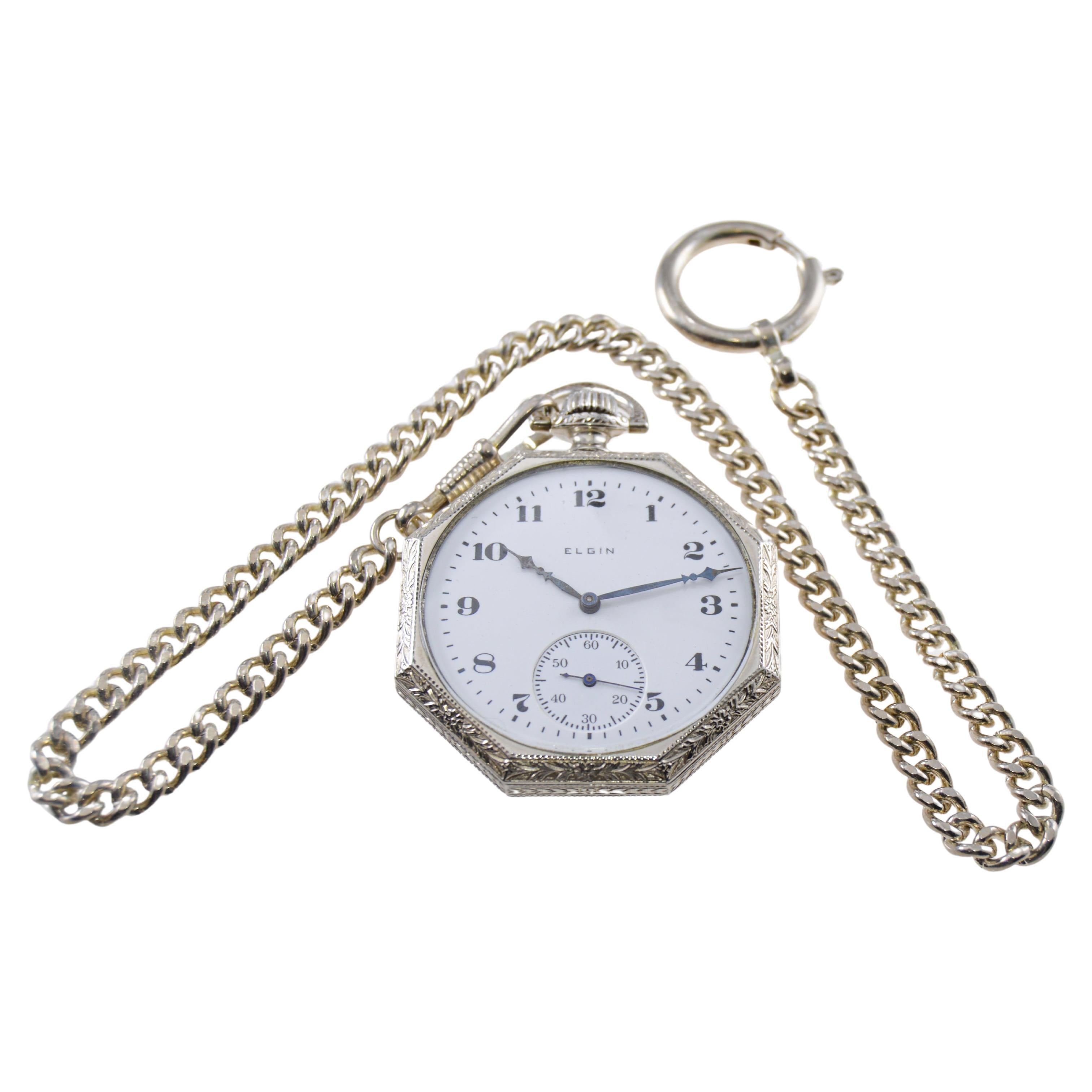 Elgin White Gold Filled Art Deco Pocket Watch from 1923 with Matching Chain  For Sale