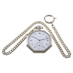 Used Elgin White Gold Filled Art Deco Pocket Watch from 1923 with Matching Chain 